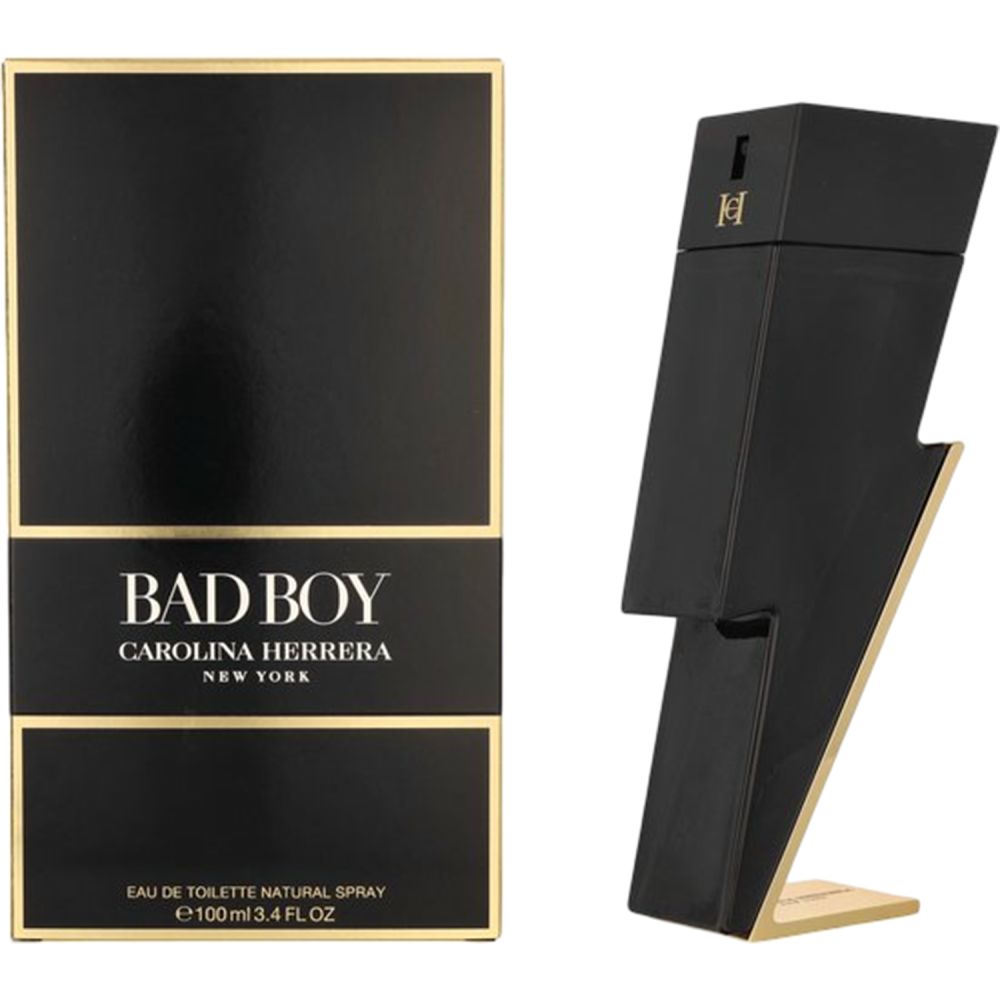Schwarzer Flakon in Blitzform und rechteckige Verpackung. Aufschrift: Bad Boy, Carolina Herrera.