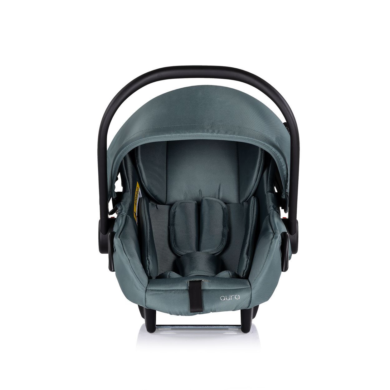 Vorderansicht einer grauen Babyschale mit gepolstertem Sitz und Kopfstütze. Name 'Glux 13' sichtbar.