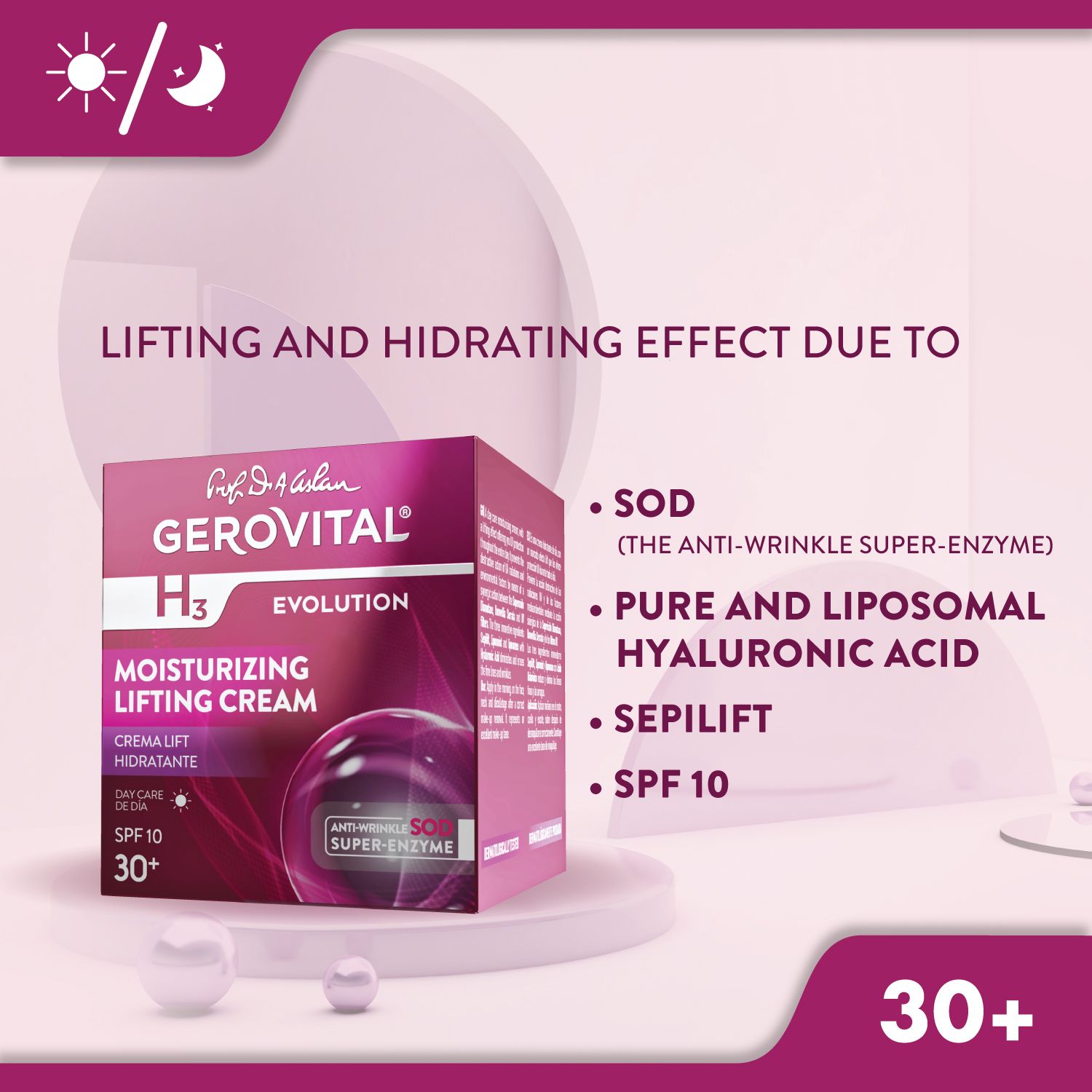 Produktverpackung. Aufschrift: Gerovital H3 Evolution, Moisturizing Lifting Cream, SPF 10. Text: 30+ und Inhaltsstoffe.
