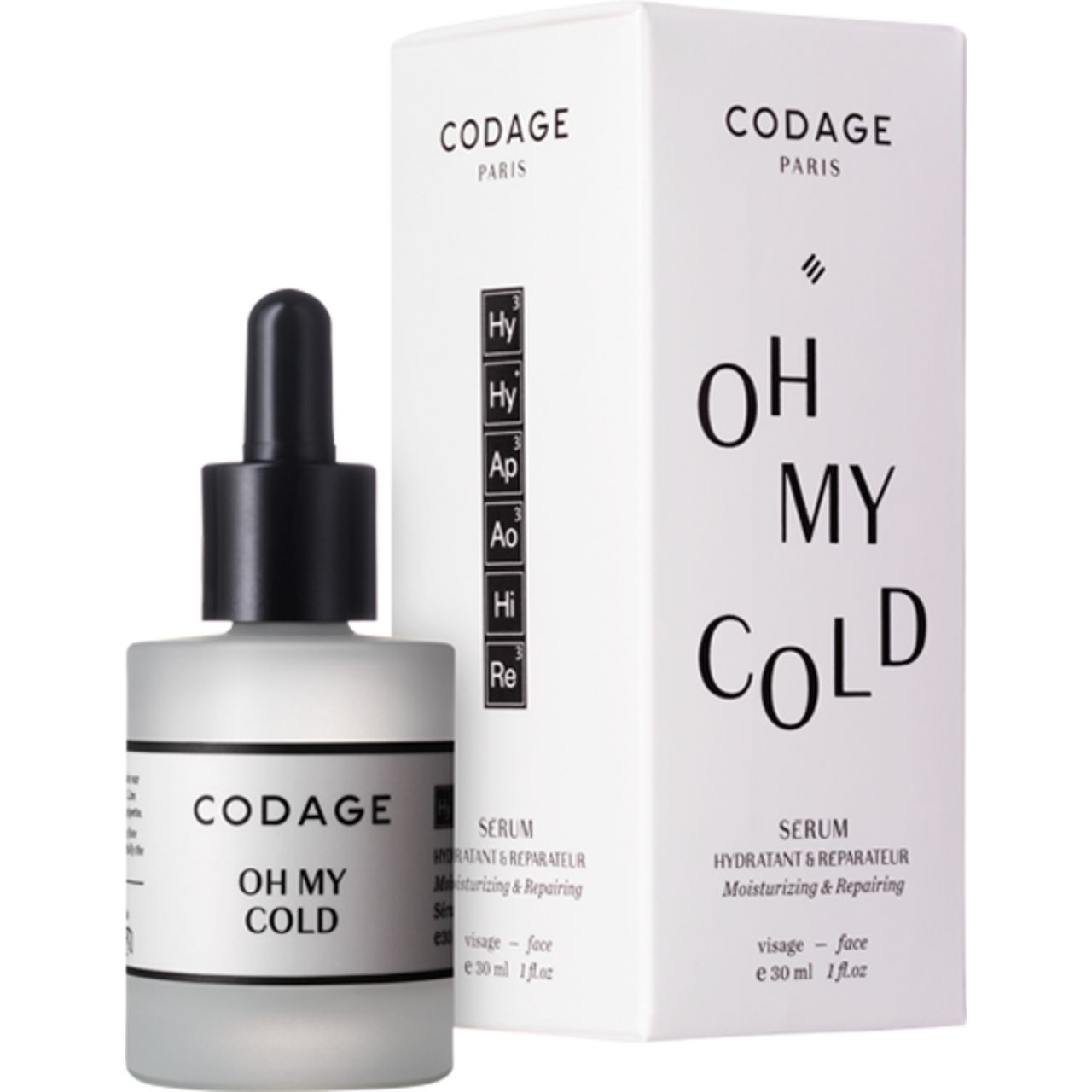 Serumflasche und Verpackung. Aufschrift: Codage Paris, Oh My Cold Serum. Mit Pipette und weißer Verpackung.