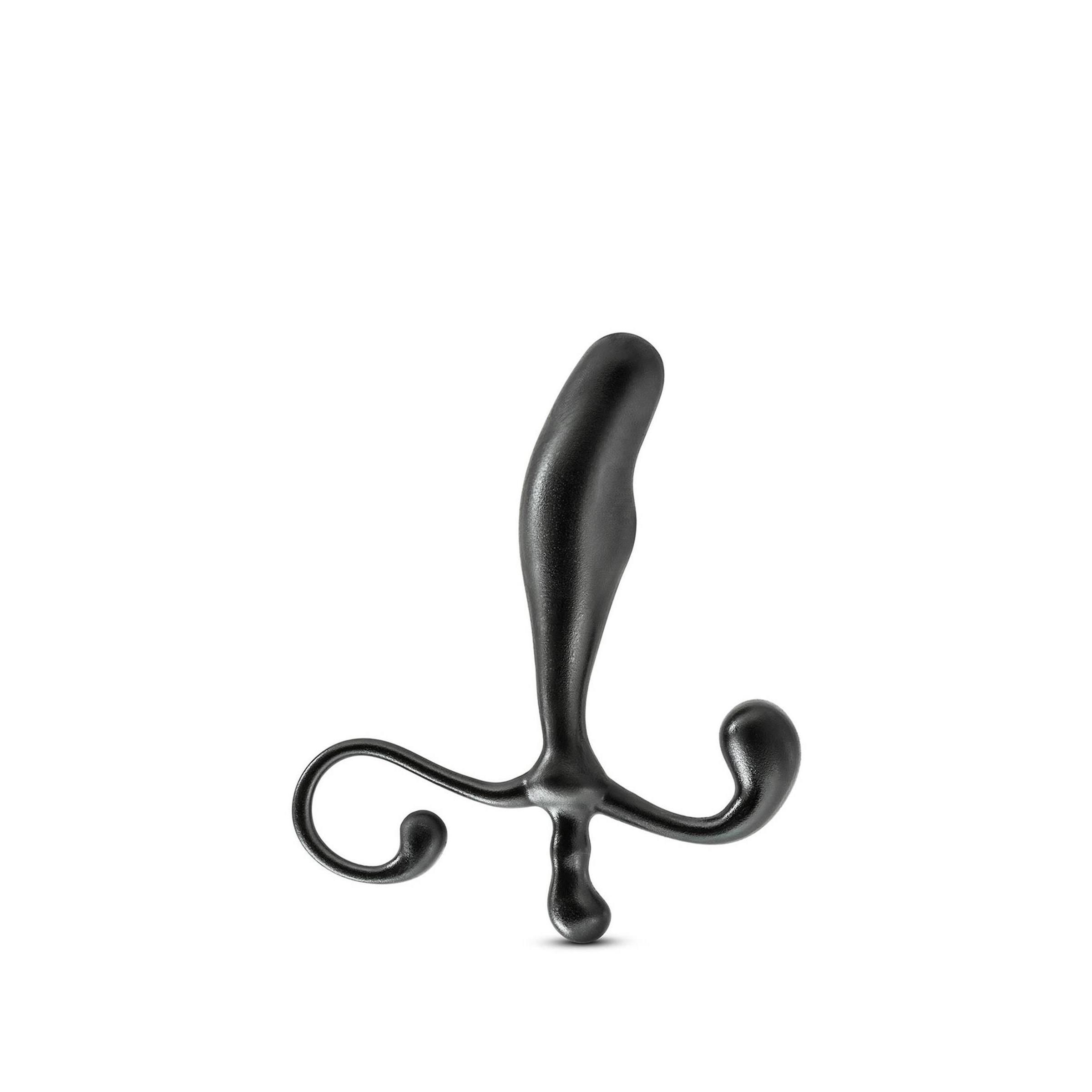 Schwarzer Prostata-Stimulator. Länglicher Schaft mit drei Ausläufern, einer mit einer Schlaufe. Glatte Oberfläche.