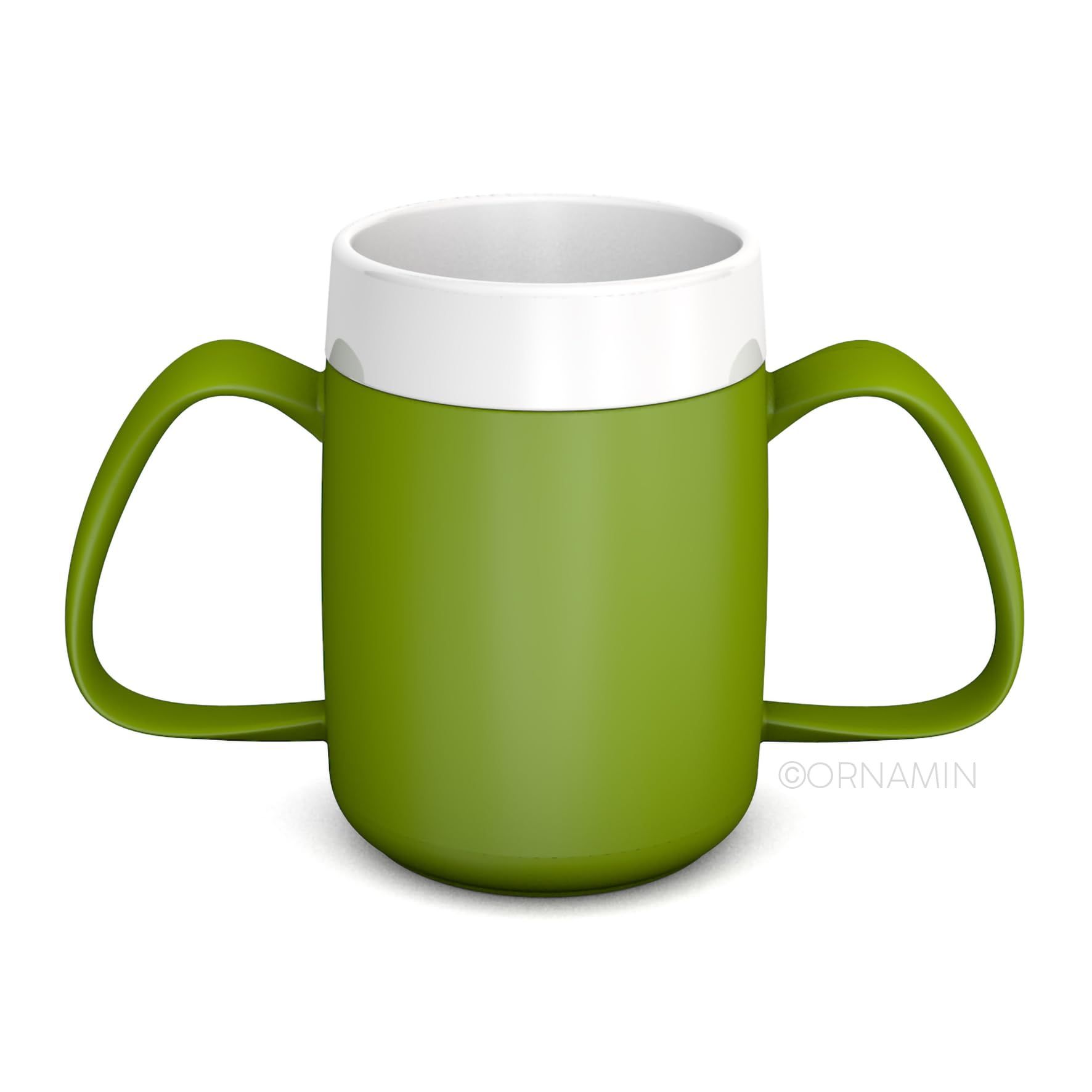 Grüner Becher mit zwei Henkeln und weißem Rand. ORNAMIN Logo sichtbar.