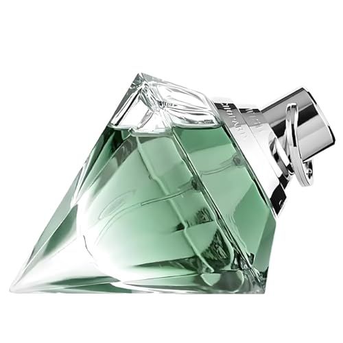 Parfümflakon in Diamantform. Hellgrüne Flüssigkeit. Silberner Verschluss. Aufschrift auf dem Verschluss.