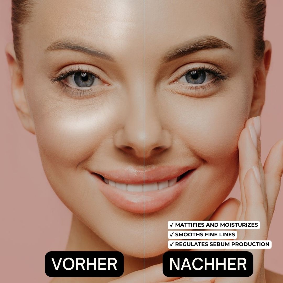 Gesicht, Vorher-Nachher-Vergleich. Text: Mattifies and moisturizes, Smoothes fine lines, Regulates sebum production.