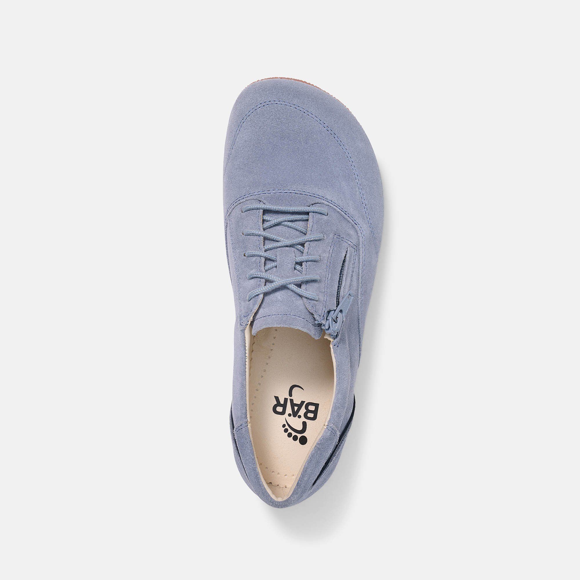 Draufsicht auf einen blauen Schnürschuh mit seitlichem Reißverschluss. Innensohle mit Logo.