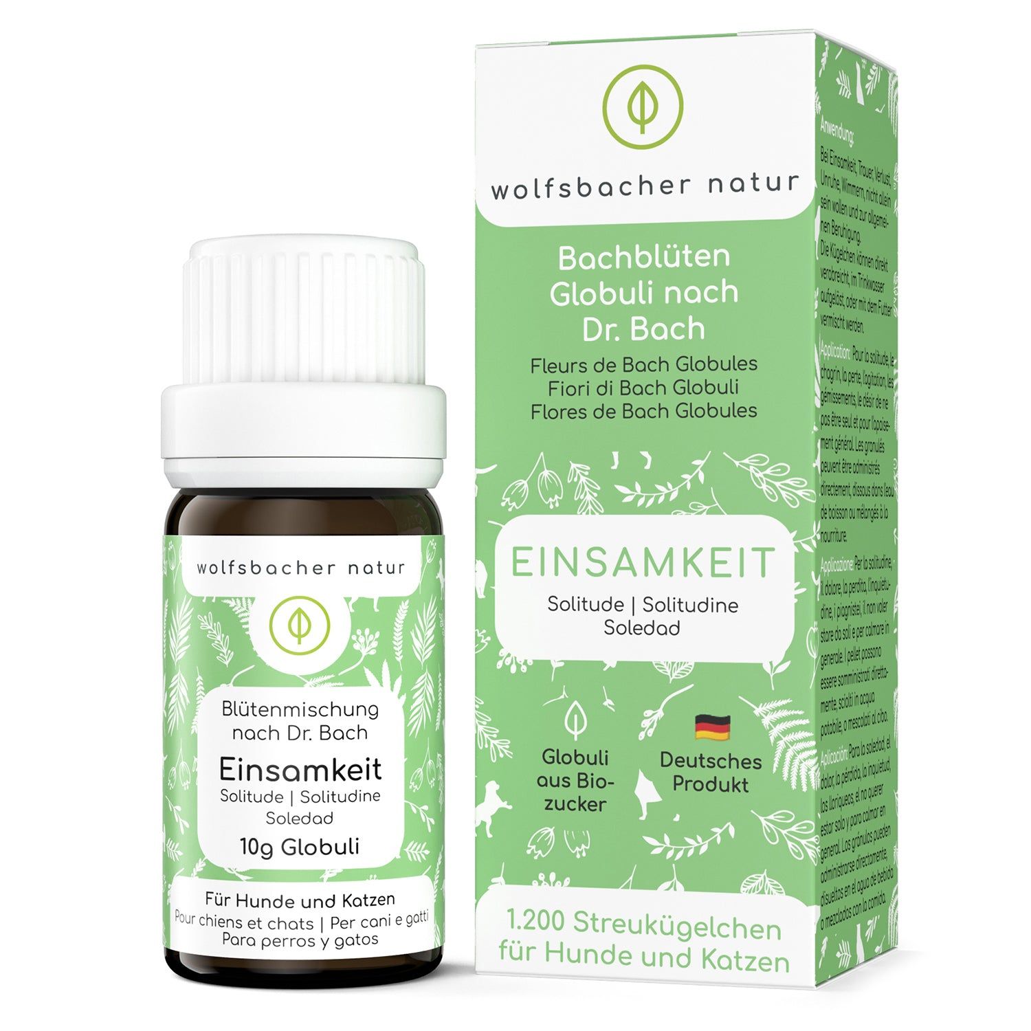 Braune Glasflasche und grüne Verpackung mit Produktinformationen. Aufschrift: Einsamkeit, 10g Globuli, Deutsches Produkt.