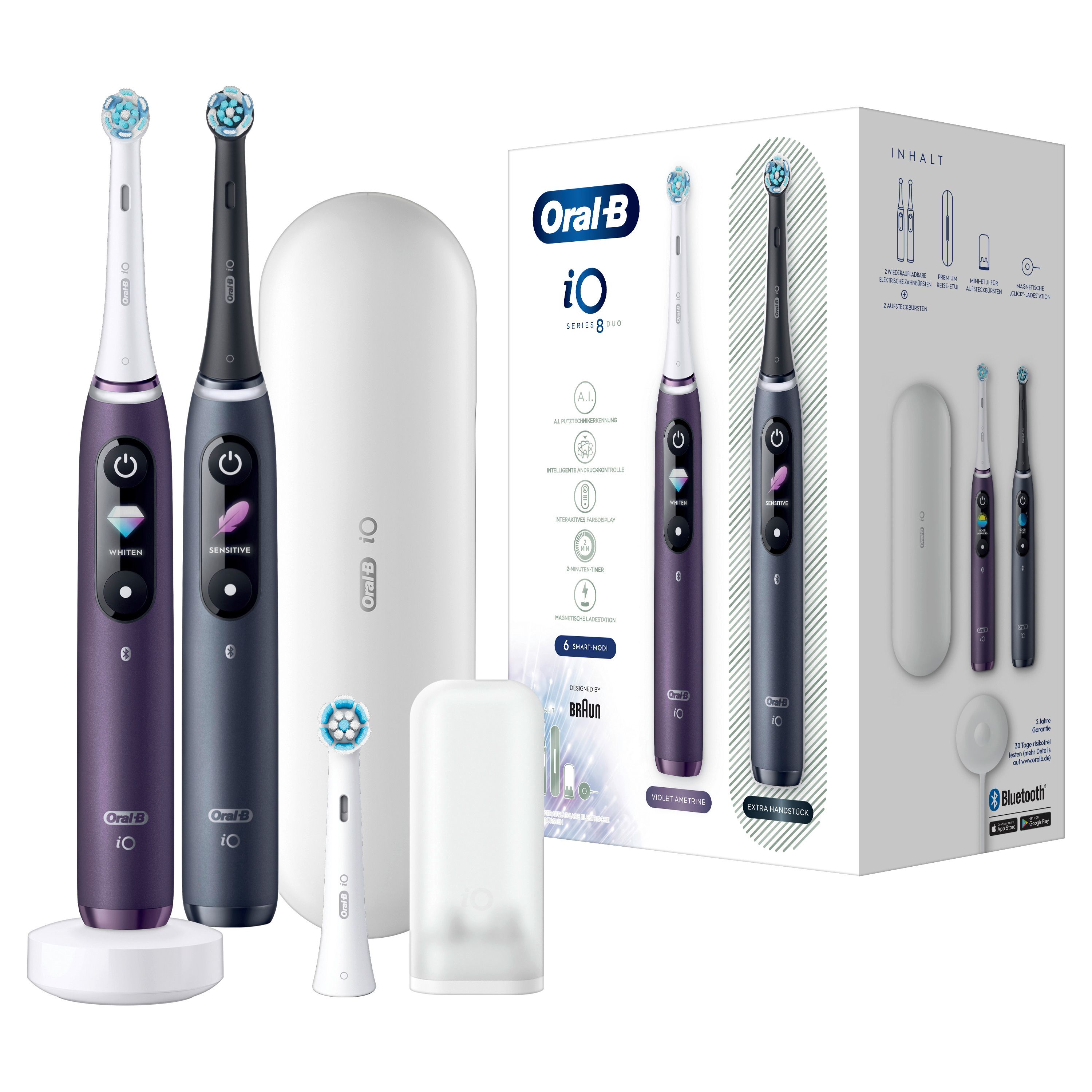 Zwei elektrische Zahnbürsten, Reiseetui, Ladestation, Ersatzbürste. Violett und dunkelgrau. Verpackung mit Produktabbildung.