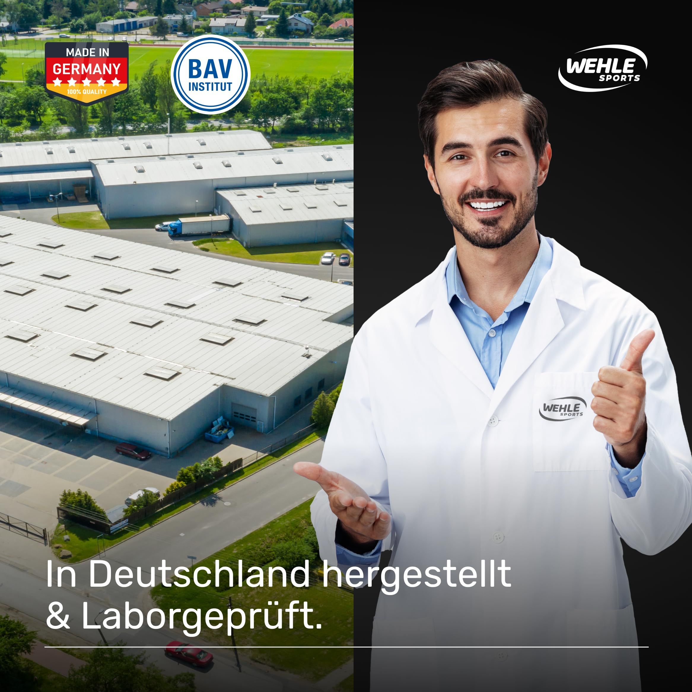 Mann im weißen Kittel zeigt Daumen hoch. Hintergrund: Gebäude und Logo.