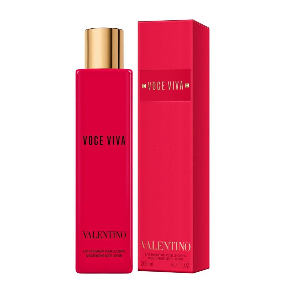 Rote Flasche und Verpackung. Goldfarbener Deckel. Aufschrift "Voce Viva" und "Valentino".
