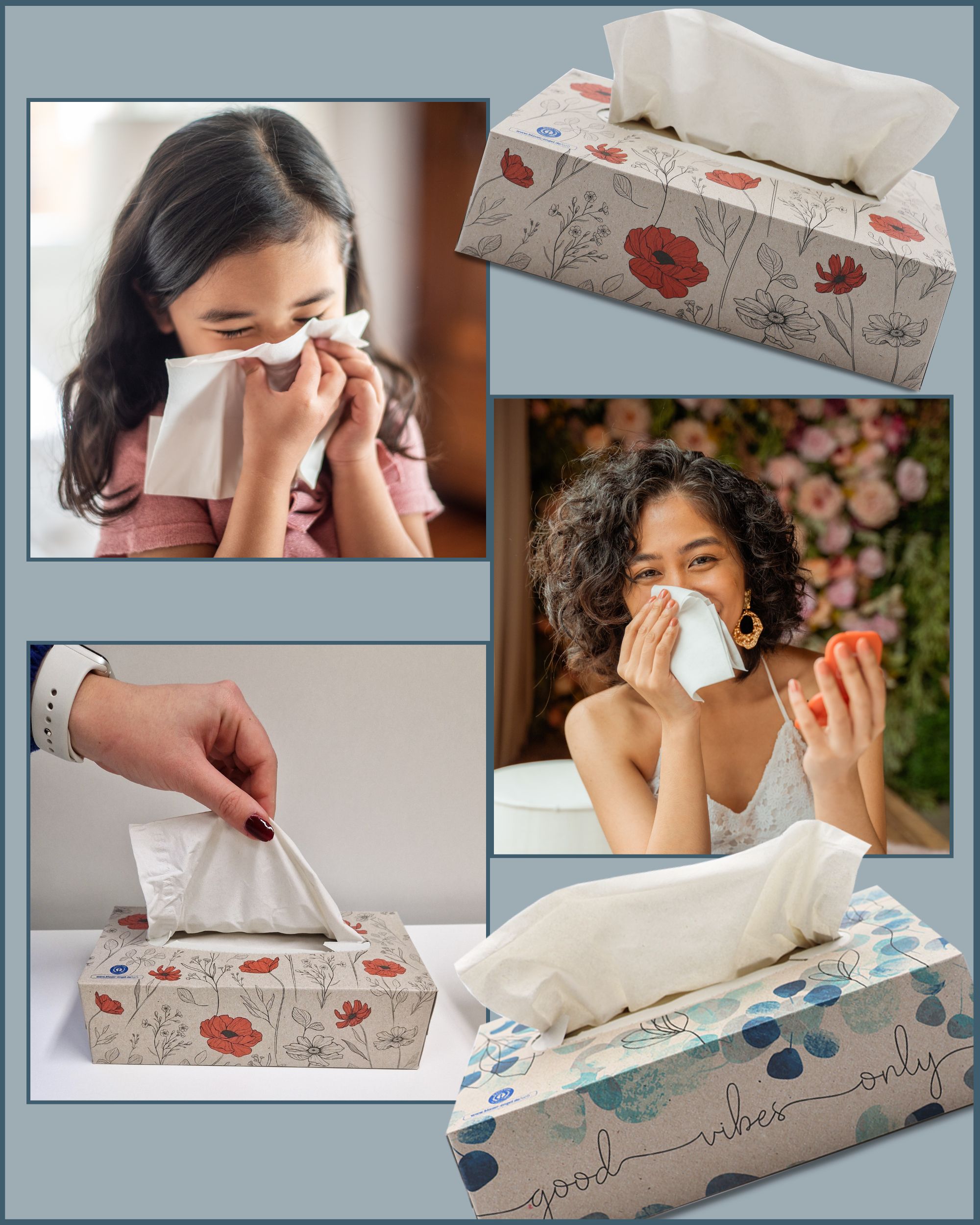 Mehrere Bilder zeigen Personen, die Taschentücher benutzen. Verschiedene Verpackungen mit floralem Design.
