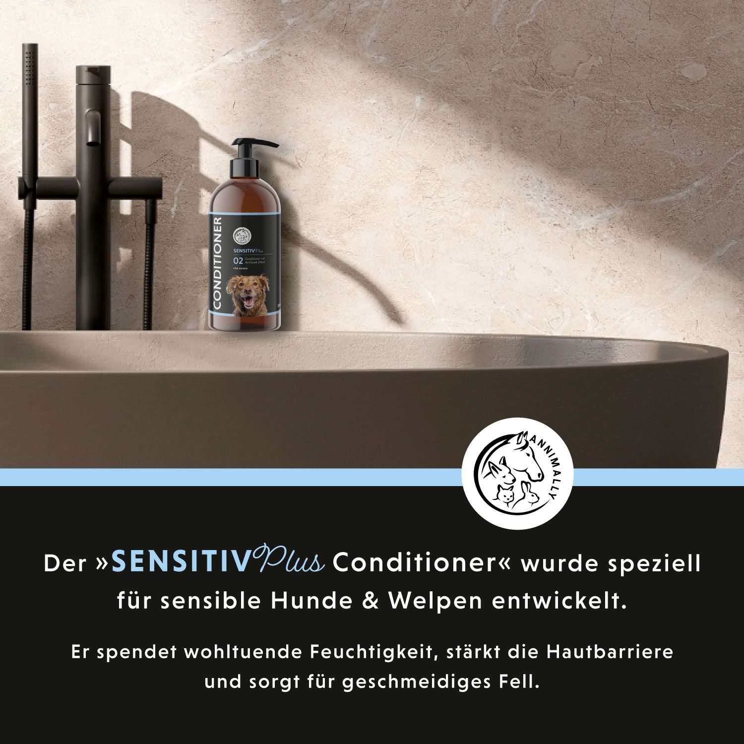 Produktflasche neben Badewanne. Text: Der »SENSITIV Plus Conditioner« wurde speziell für sensible Hunde & Welpen entwickelt.