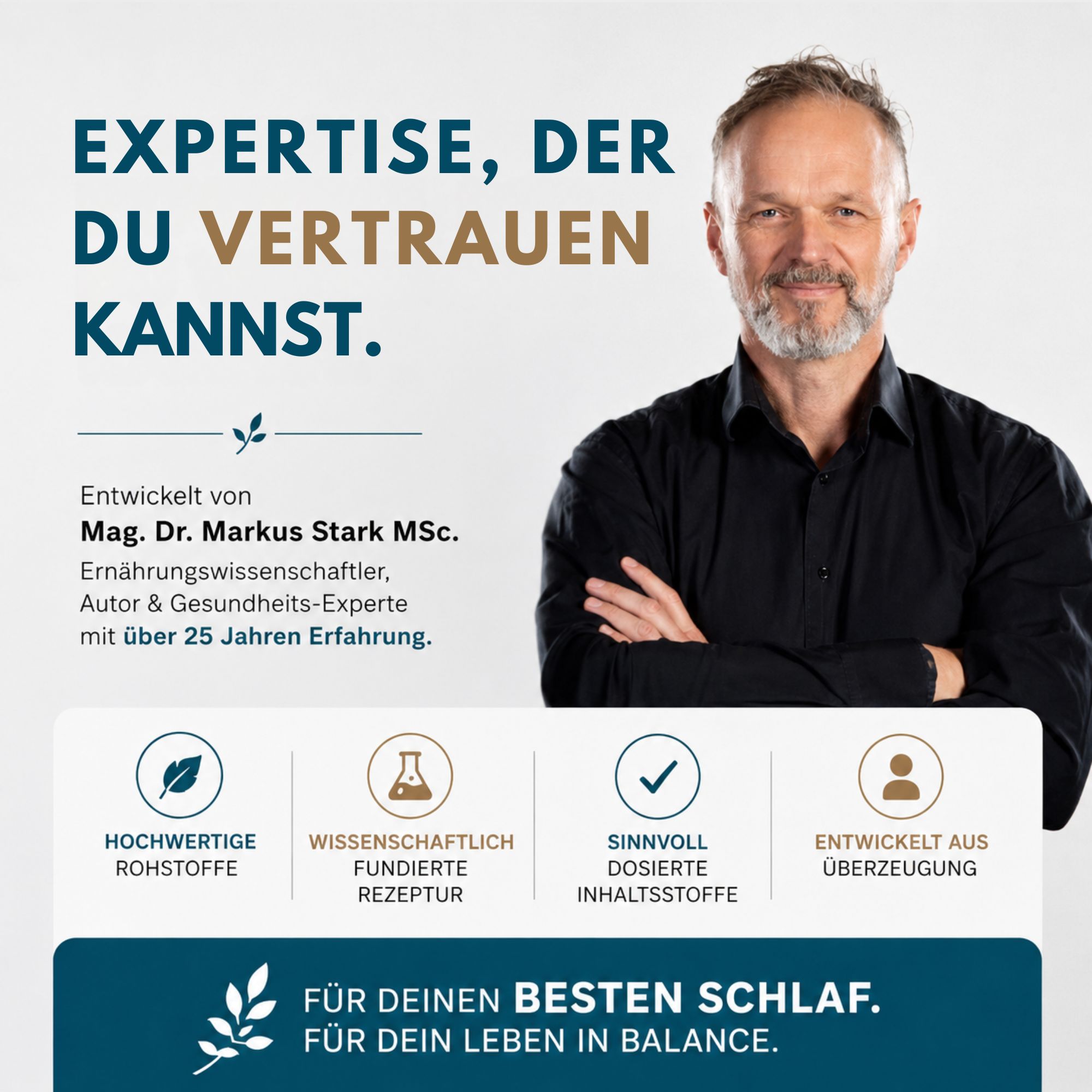 Expertenporträt von Dr. Markus Stark, Entwickler von Naturesan SchlafFormel Plus. Hervorhebung von Rohstoffen, Rezeptur, Dosierung und Überzeugung.