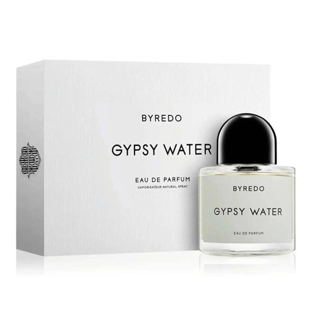 Weißer Karton und Flakon. Aufschrift: BYREDO, GYPSY WATER, Eau de Parfum. Flakon mit schwarzem Verschluss.