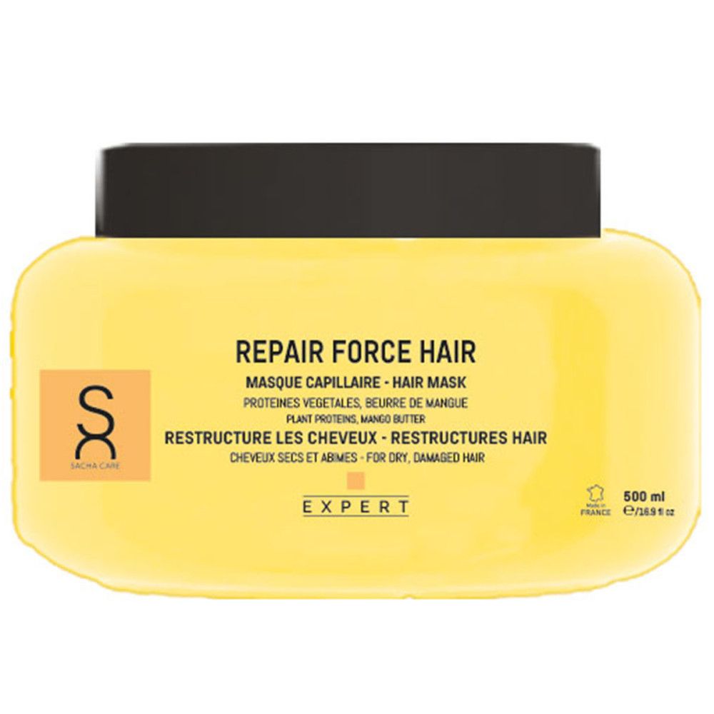 Gelbe Haarkur-Dose mit schwarzem Deckel. Aufschrift: Repair Force Hair, Masque Capillaire, Restructure les Cheveux. Marke Sacha Care.