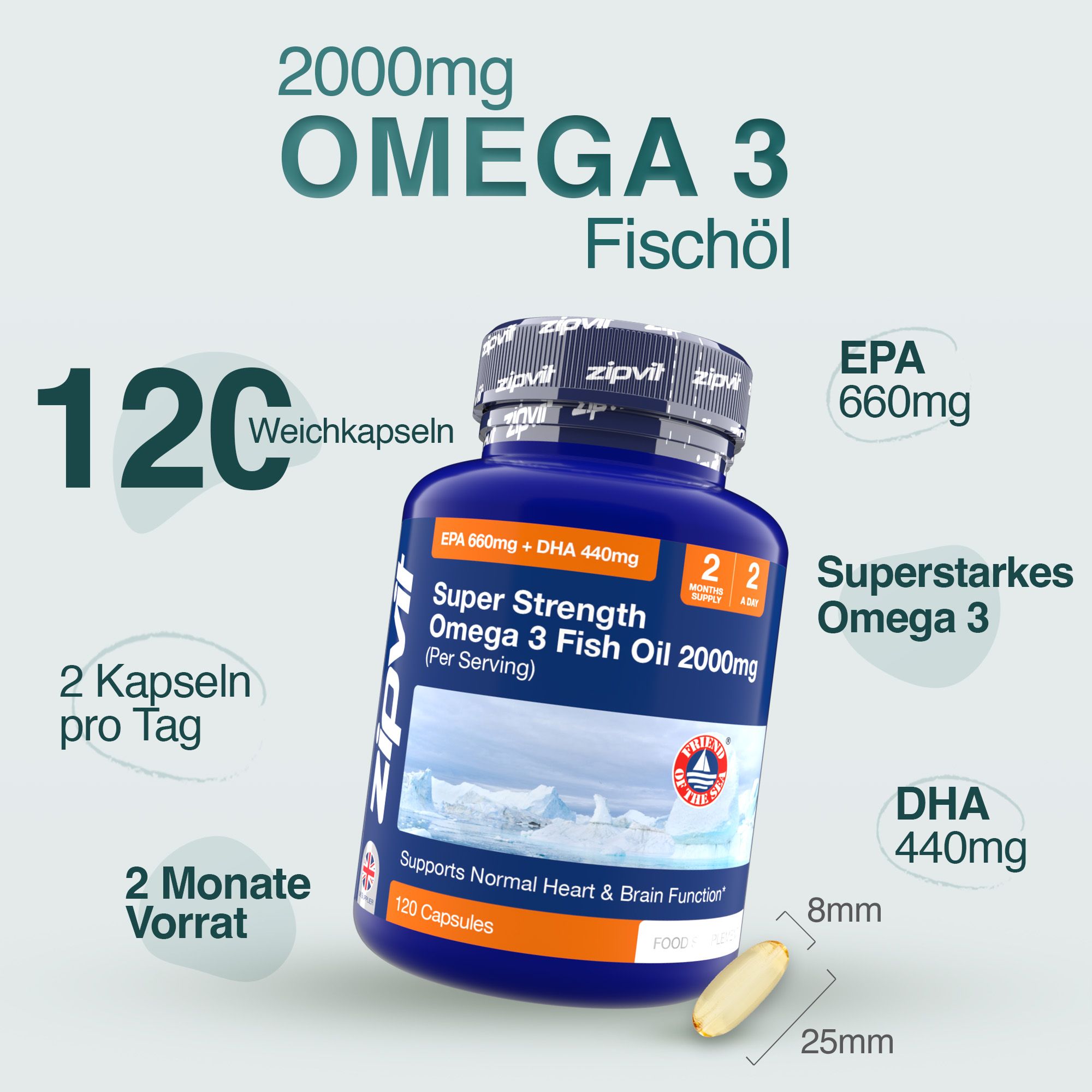 Blaue Flasche Zipvit Omega 3 Fischöl. Enthält 120 Weichkapseln. Angaben zu EPA, DHA und Dosierung. Kapsel-Größenangabe.