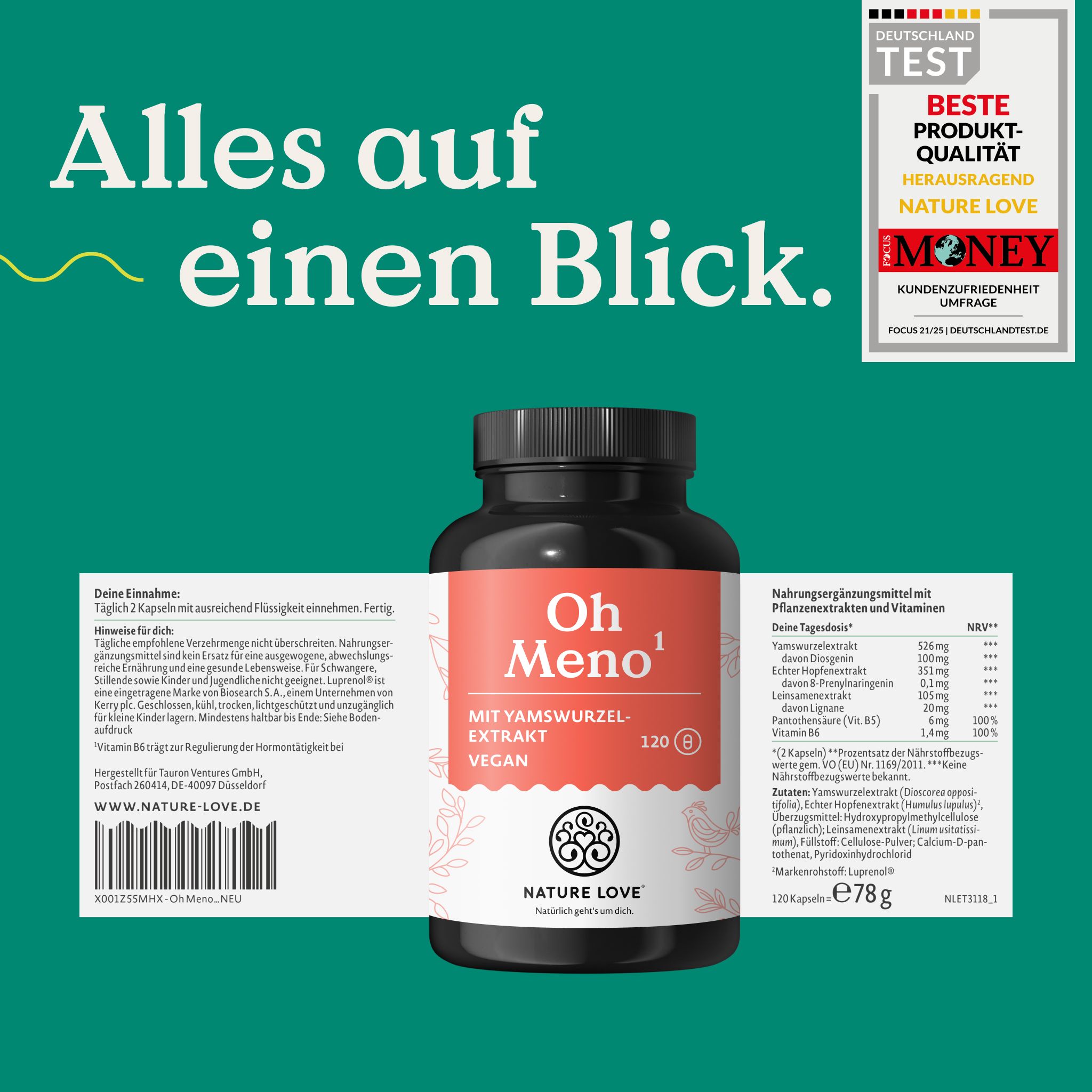 Flasche Oh Meno von NATURE LOVE mit geöffnetem Etikett und Siegeln für beste Produktqualität.