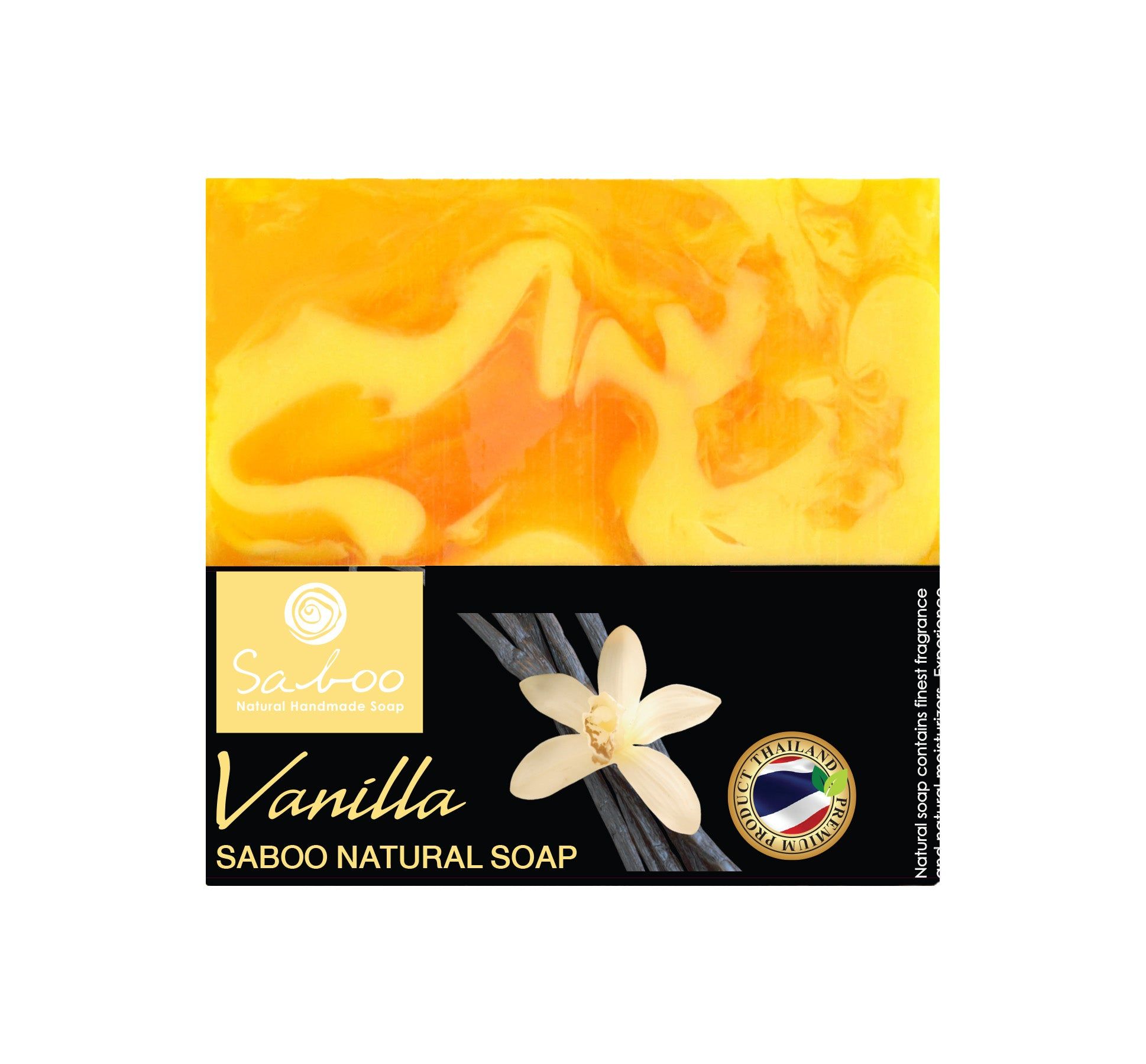 Seife mit gelb-orangenem Wirbelmuster. Schwarze Verpackung mit Produktname und Vanilleblüte. Marke Saboo sichtbar.