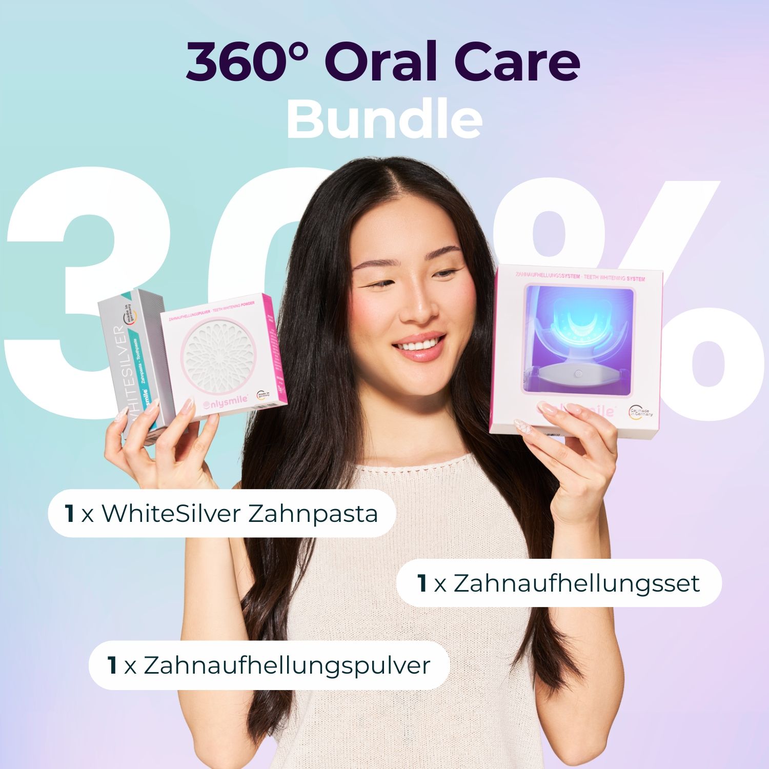 360° Oral Care Bundle mit drei Produkten. Frau hält Produkte in Händen. Enthält Zahnpasta, Zahnpulver und Zahnaufhellungsset.