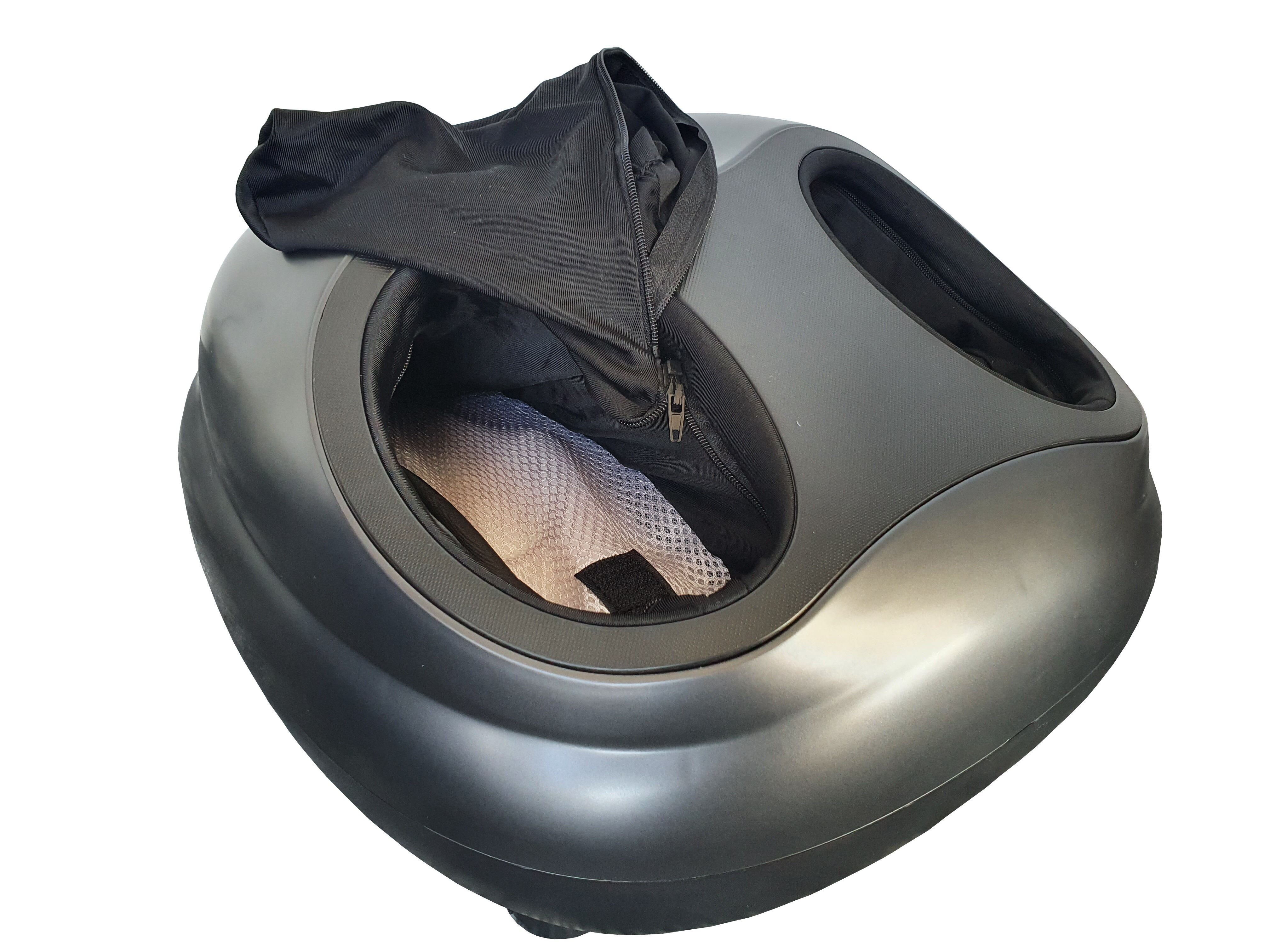 Graues Fußmassagegerät mit Öffnung für Füße. Schwarze Tasche mit Reißverschluss und weißem Netz im Inneren.