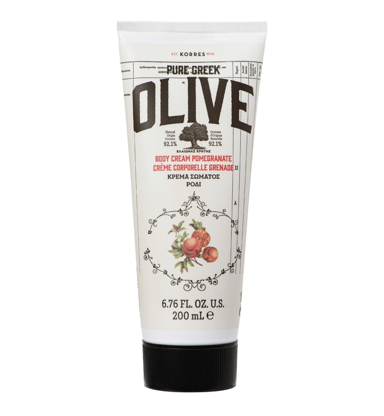Körpercreme in Tube. Aufschrift: KORRES Pure Greek Olive. Motiv: Olivenzweig und Granatäpfel. Schwarzer Schraubverschluss.