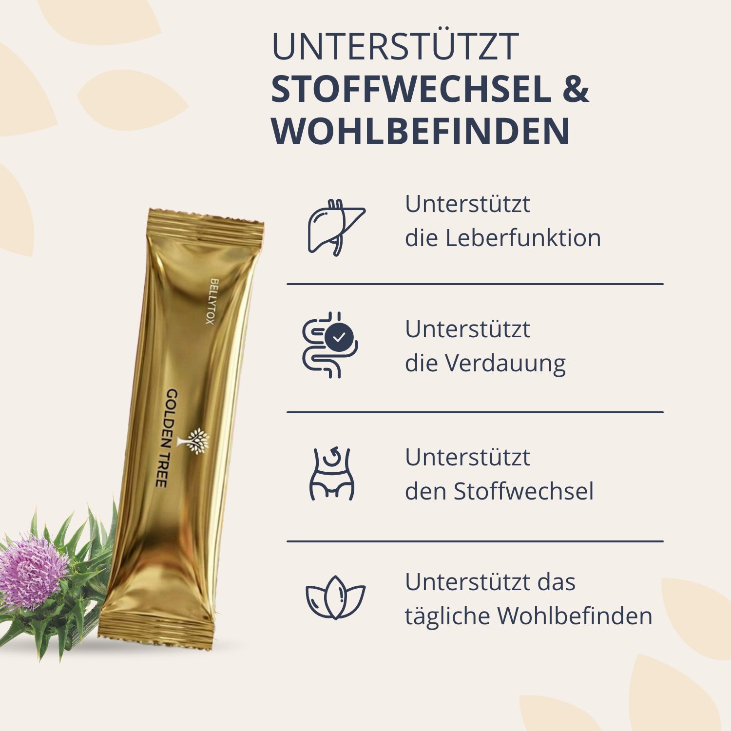 Goldener Beutel Golden Tree BellyTox mit Symbolen für Leber, Darm, Stoffwechsel und Wohlbefinden.