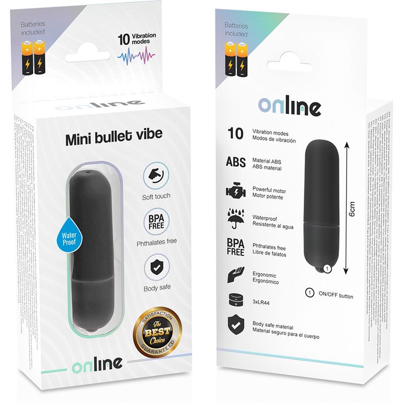 Verpackung mit schwarzem, zylindrischem Vibrator. Aufschrift: "Mini bullet vibe", "Soft touch", "BPA free", "Body safe". Batterien enthalten.