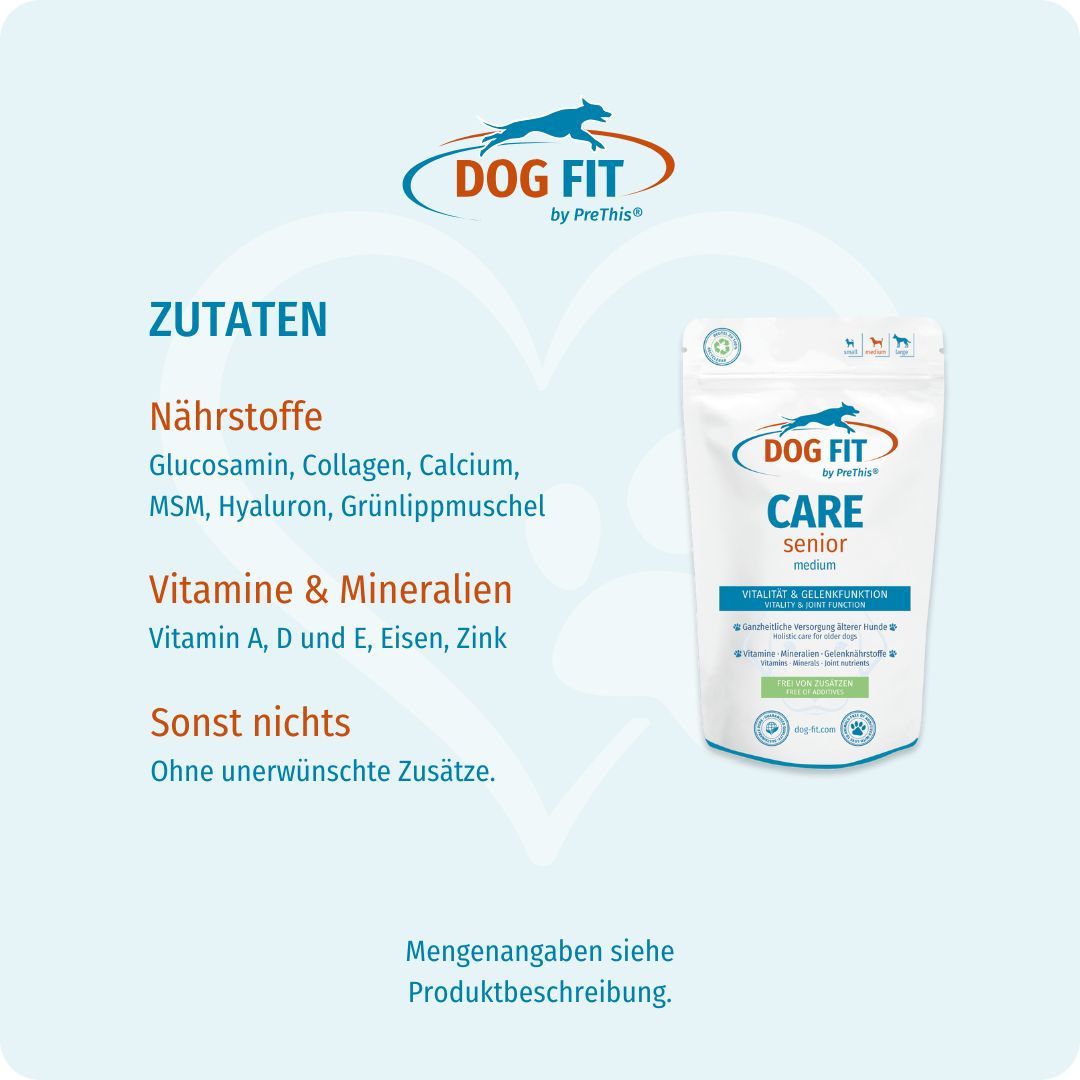 DOG FIT CARE senior medium. Zutaten: Nährstoffe, Vitamine & Mineralien. Ohne unerwünschte Zusätze. Text: Mengenangaben siehe Produktbeschreibung.