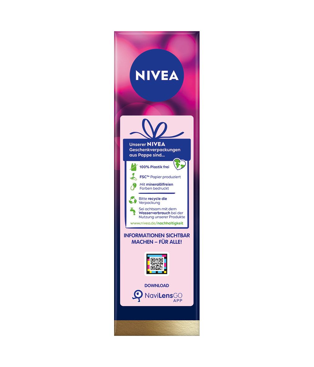 Schmale Verpackung mit NIVEA-Logo und Informationen. Enthält Angaben zur Nachhaltigkeit und einen QR-Code.