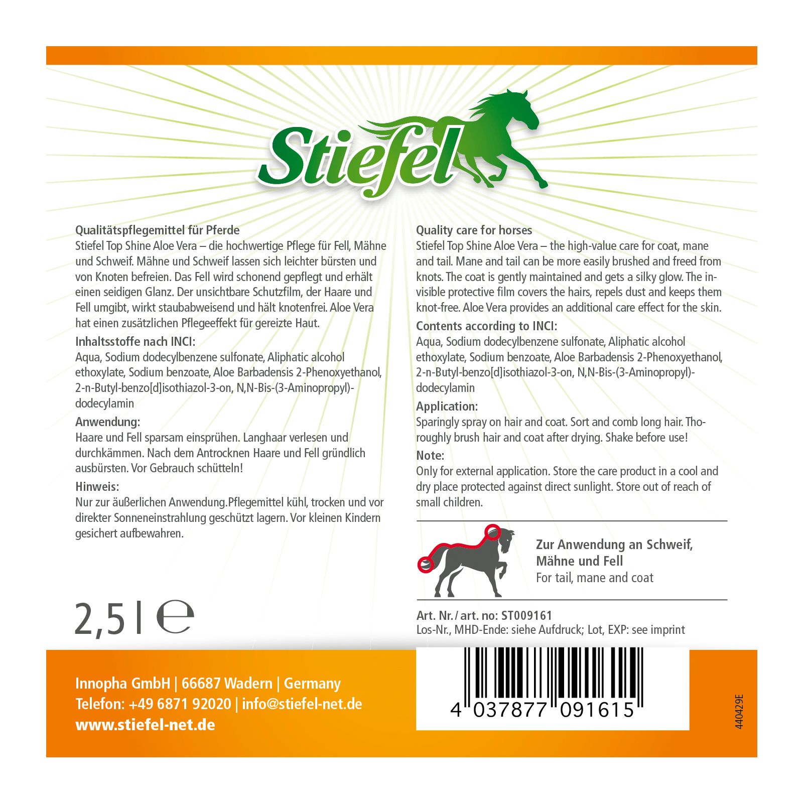 Weißer Kanister mit Stiefel-Logo und Produktinformationen. Text: Top Shine Aloe Vera. 2,5 l.