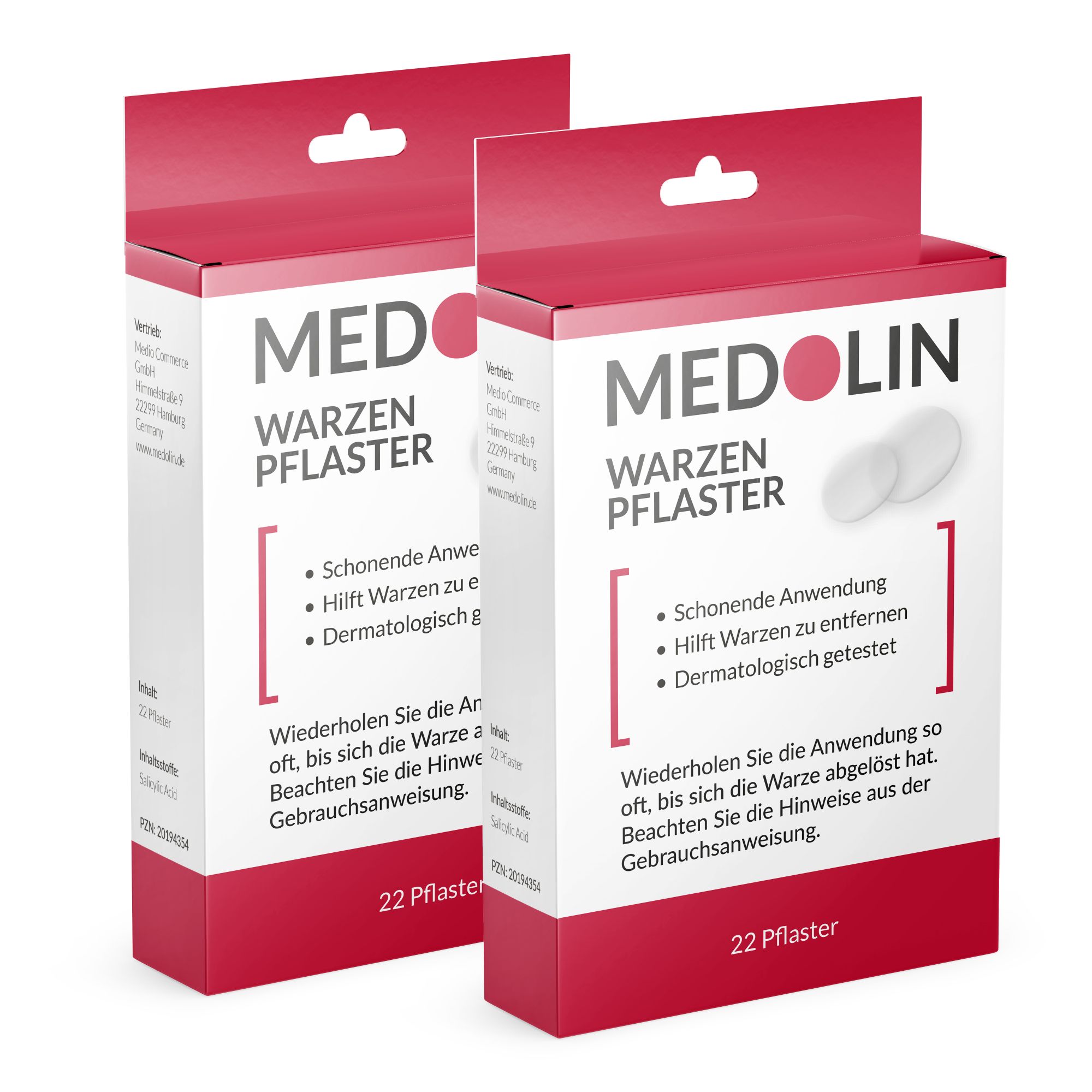 Zwei Packungen MEDOLIN Warzenpflaster. Rote Verpackung, Produktname, 22 Pflaster. EU-Hergestellt. Sichtbare Produktmerkmale.