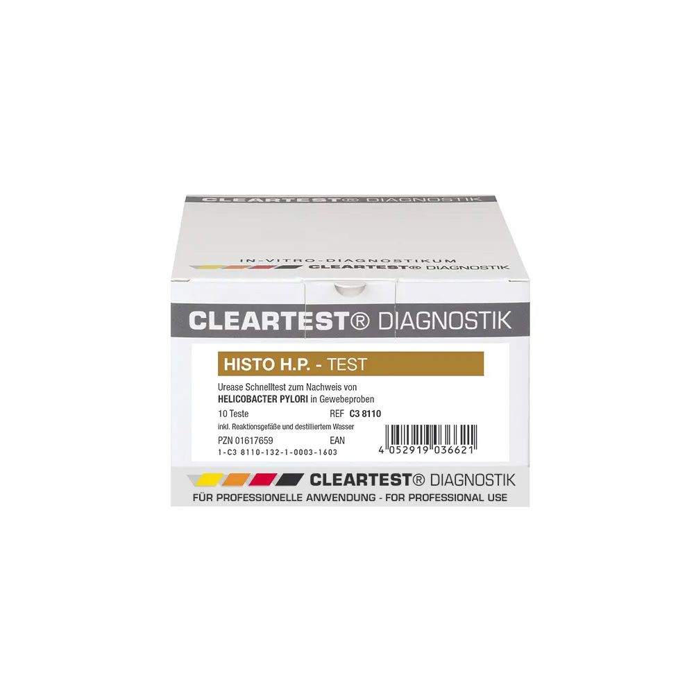 Karton mit "CLEARTEST DIAGNOSTIK". Aufschrift "HISTO H.P. - TEST". Enthält 10 Tests. Für professionelle Anwendung.