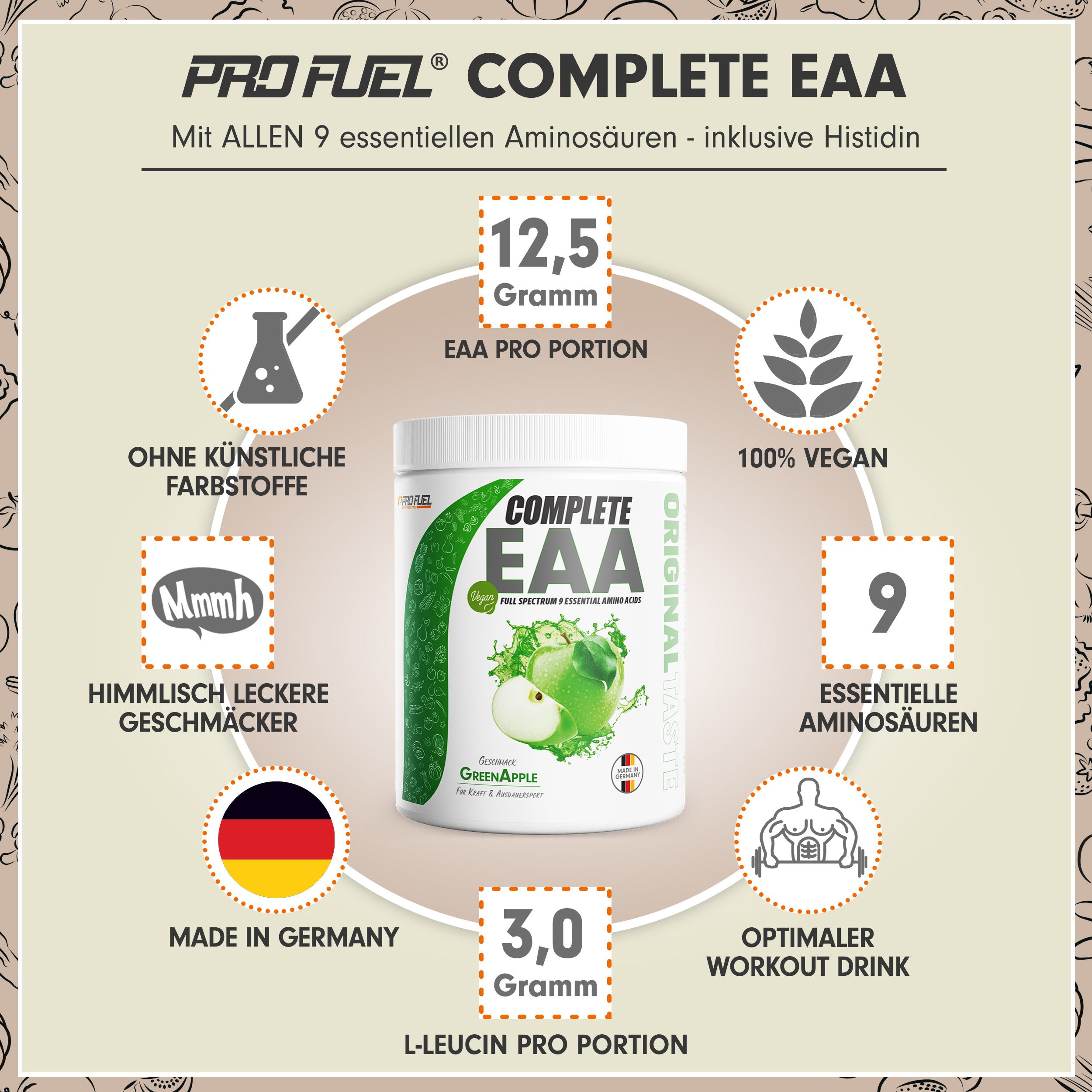Weißes Produktglas mit grünem Deckel. Aufschrift: COMPLETE EAA. Illustration: Apfel. Text: 9 essentielle Aminosäuren, 100% vegan, Made in Germany.
