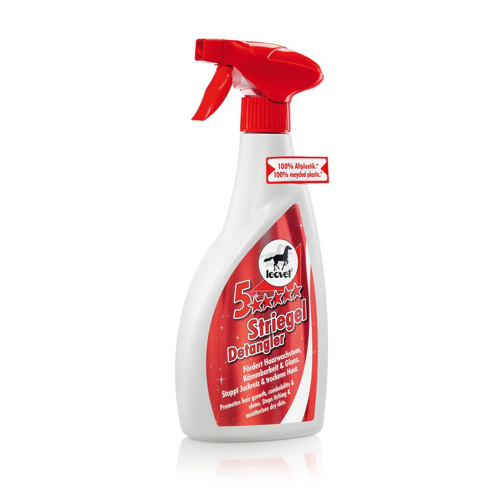 Weiße Sprühflasche mit rotem Sprühkopf. Aufschrift: Leovet 5 Sterne Striegel Detangler. Mit 100% recyceltem Plastik.