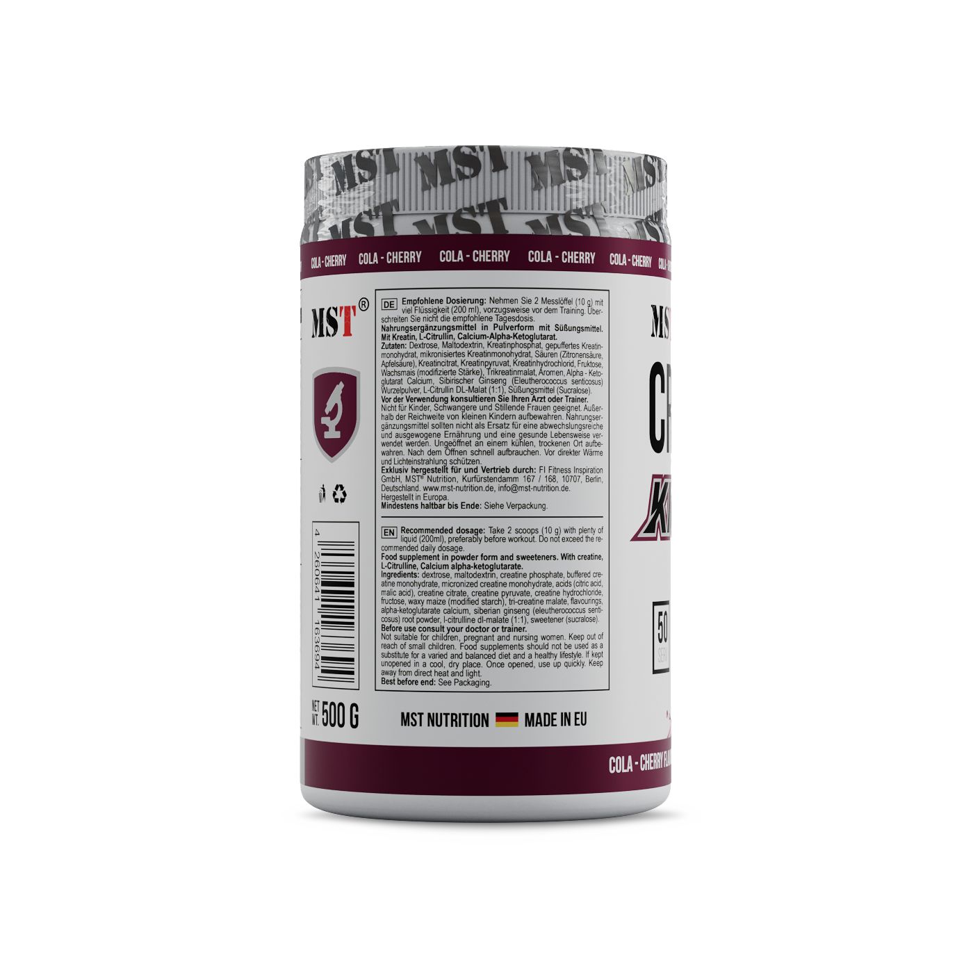MST Creatine Kick Nahrungsergänzungsmittel in einem weißen Behälter mit Etikett. Enthält 500g. Geschmacksrichtung Cola-Kirsche.