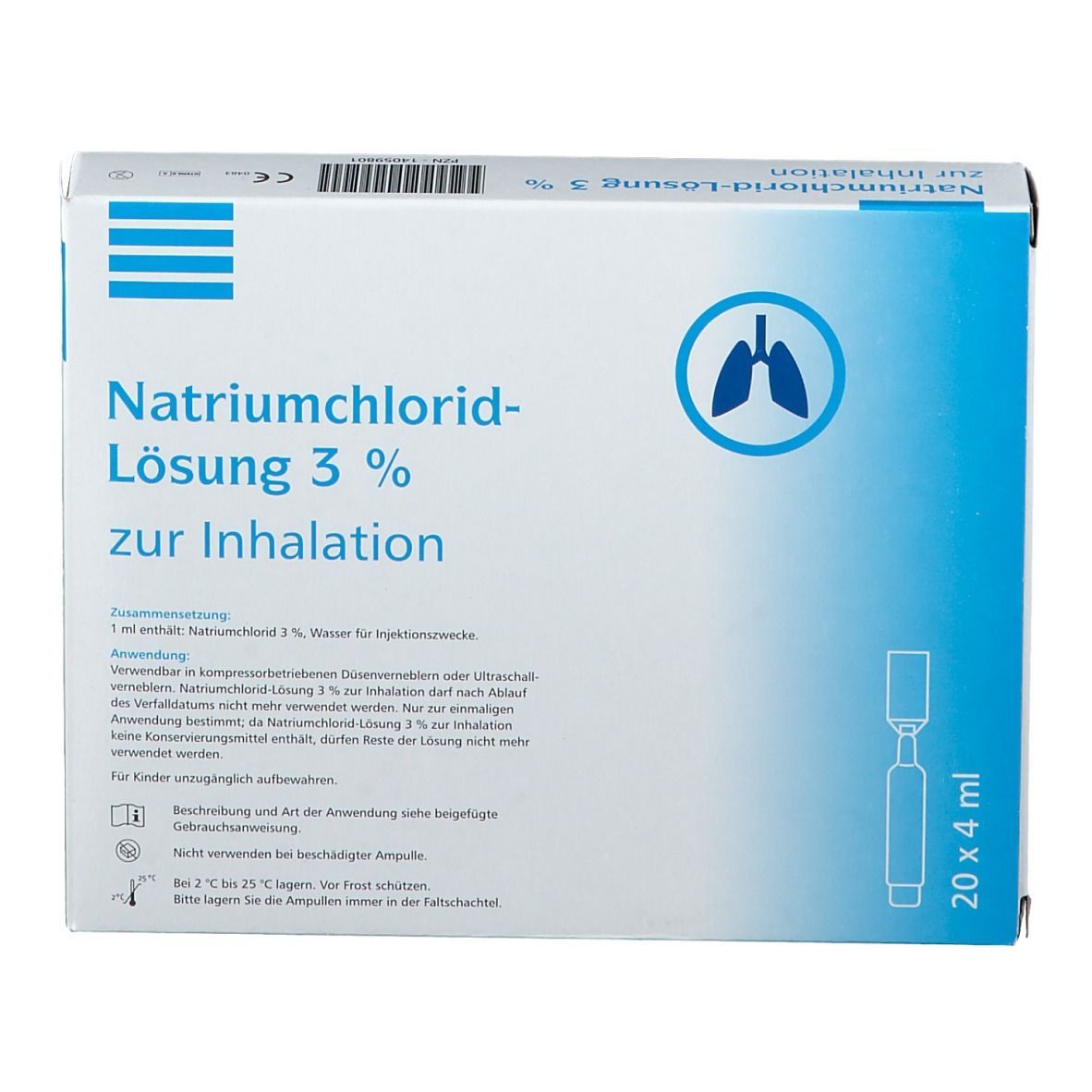 Karton mit Aufschrift Natriumchlorid-Lösung 3% zur Inhalation. Enthält Ampullen. Logo: Lunge. Text und Ampullen abgebildet.