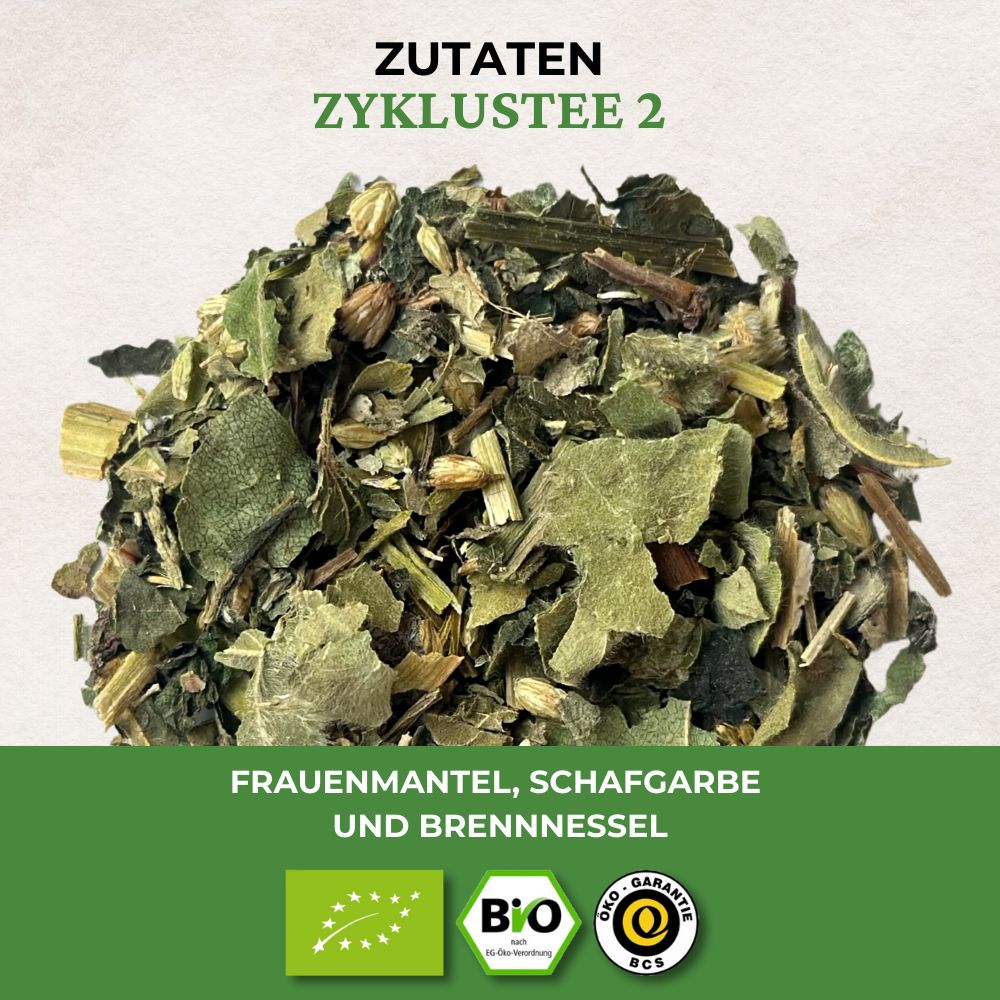Haufen loser Kräuter. Text: Zutaten Zyklustee 2, Frauenmantel, Schafgarbe und Brennnessel. Bio-Siegel.