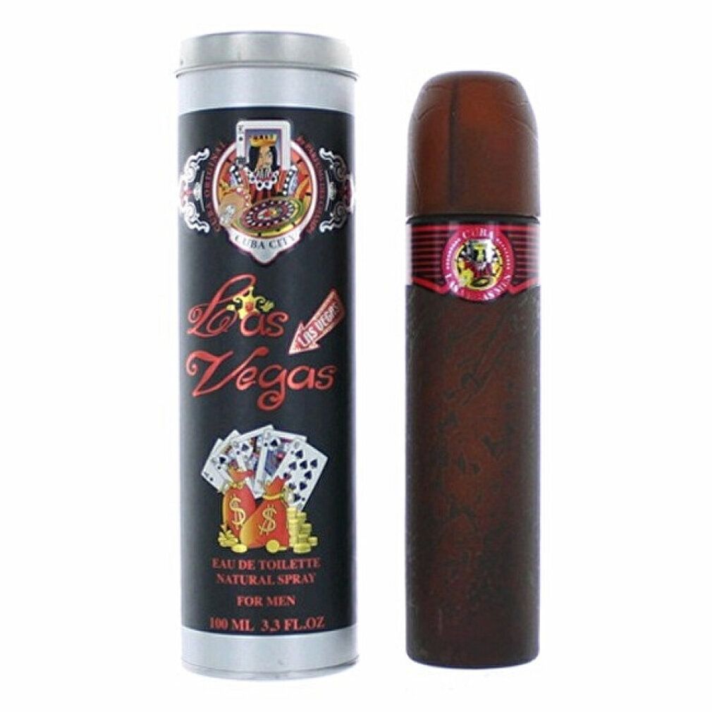 Braune Flasche neben Dose. Dose mit Text und Illustrationen. Flasche zylinderförmig, mit Deckel. Eau de Toilette.