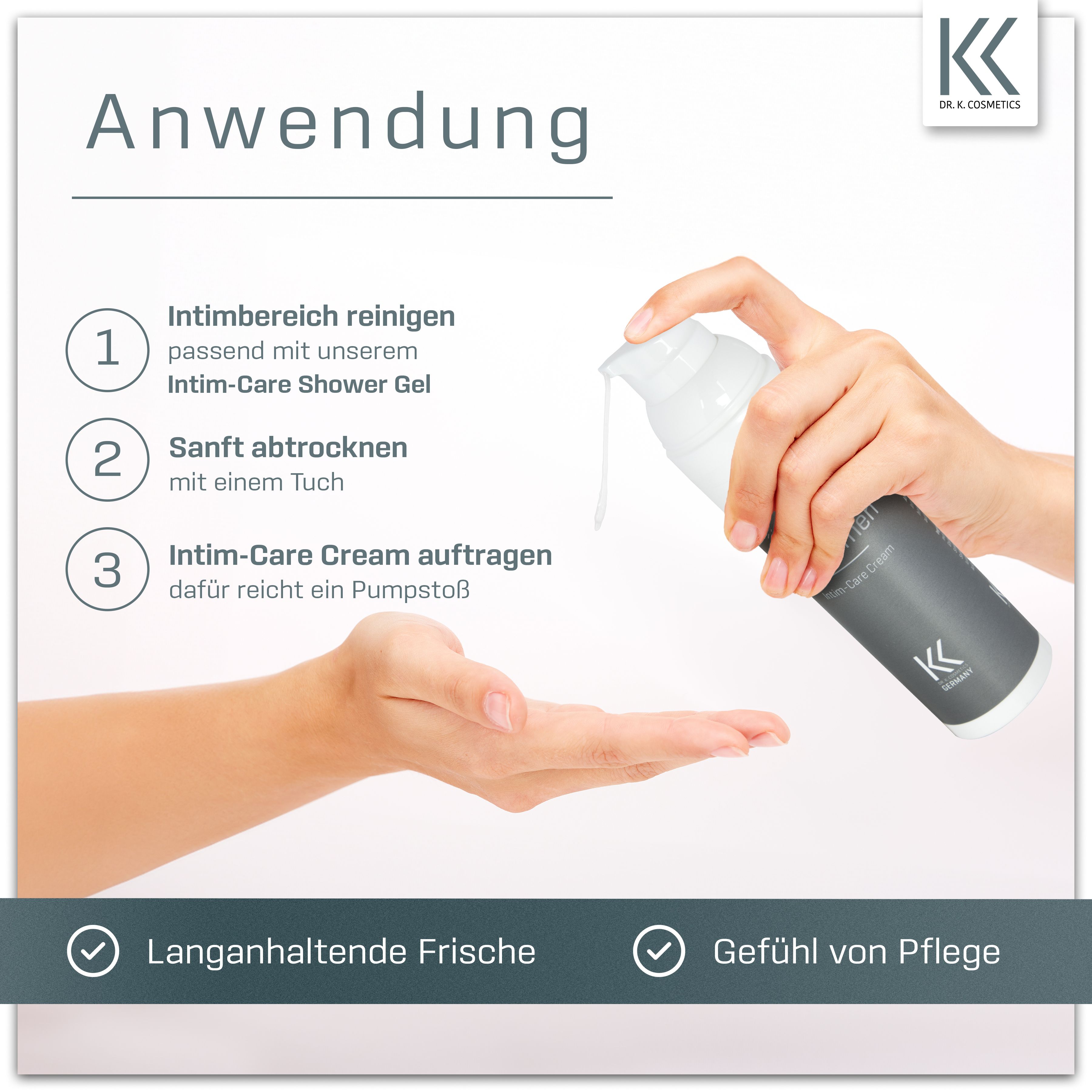 Hände mit Produkt. Text: Anwendung. Intimbereich reinigen, sanft abtrocknen, Intim-Care Cream auftragen. Marke: K.K. Cosmetics.