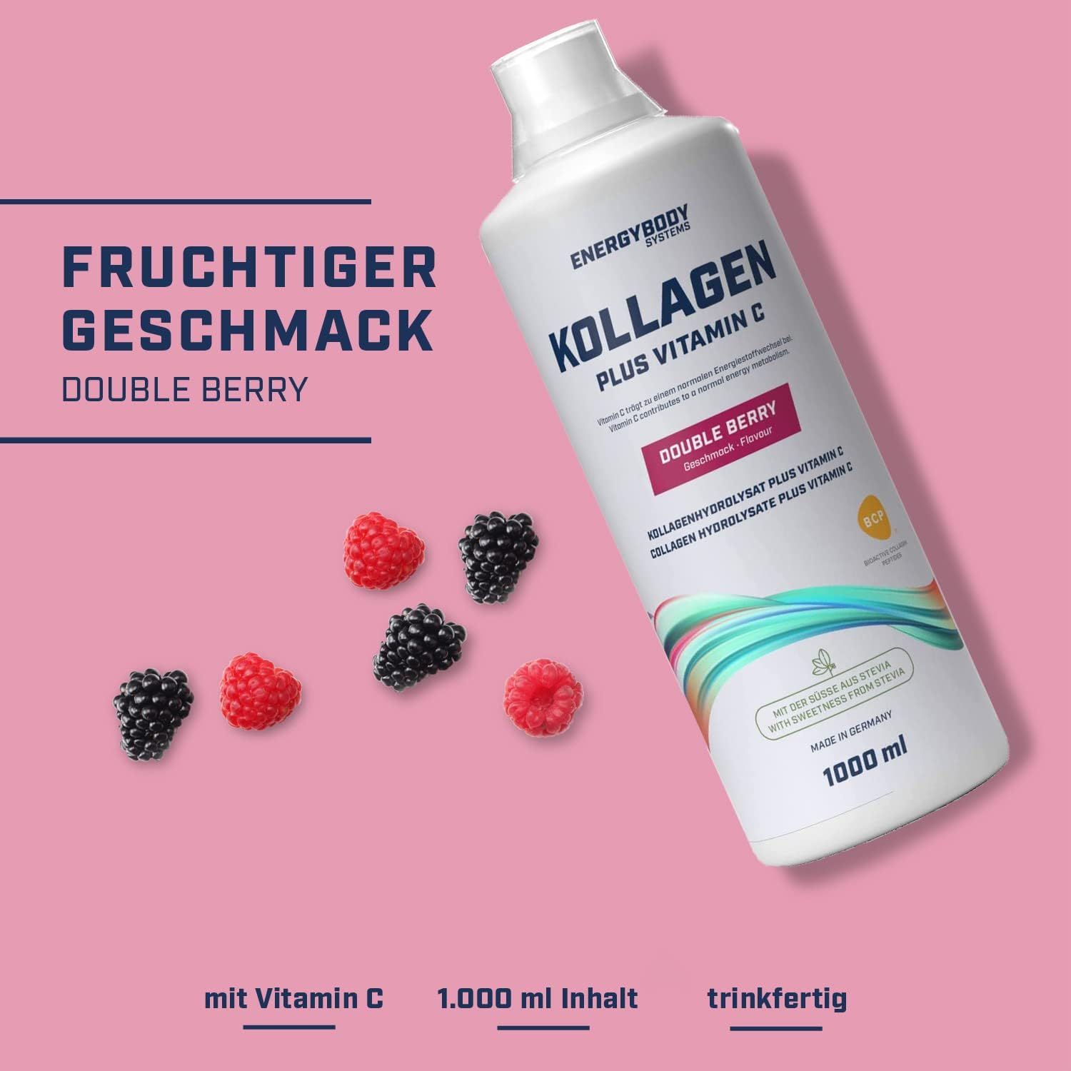 Weiße Flasche mit Etikett. Text: Kollagen Plus Vitamin C, Double Berry. Beeren daneben. Schriftzug: Fruchtiger Geschmack.