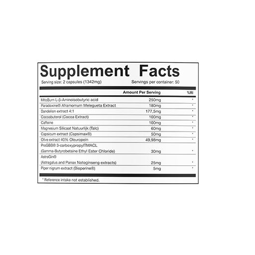 Nahaufnahme der "SUPPLEMENT FACTS"-Tabelle. Auflistung von Inhaltsstoffen und Mengen. Weißer Hintergrund.