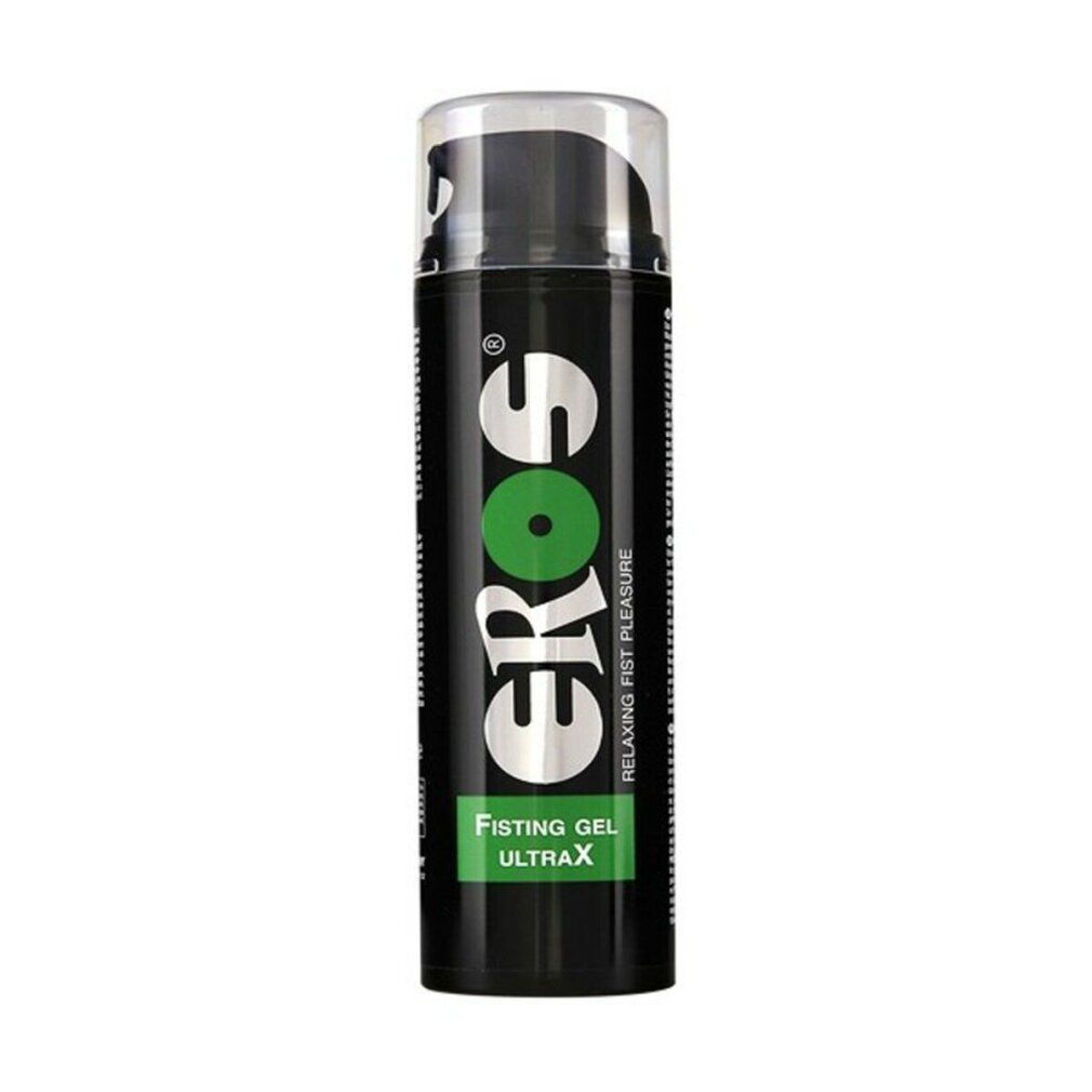 Schwarze Flasche mit schwarzem Pumpkopf. Aufschrift: EROS, Fisting Gel UltraX.
