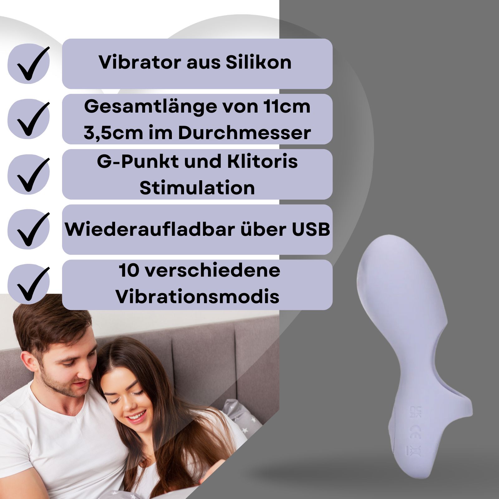 Lila Vibrator. Text: „Vibrator aus Silikon“. 11 cm lang, 3,5 cm Durchmesser. 10 Modi, USB.