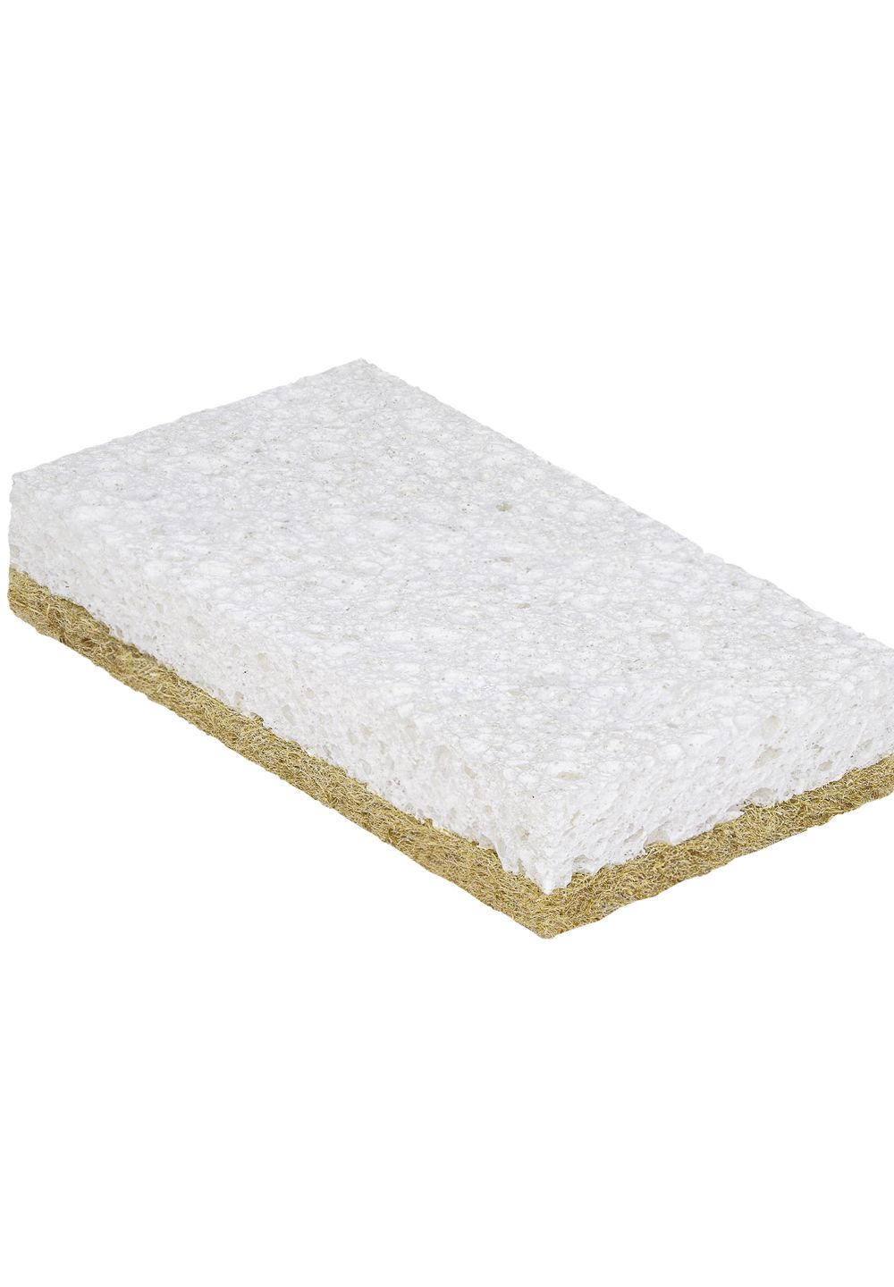 Ein Spülschwamm aus Viscose-Sisal, weiß und braun, von der Seite.
