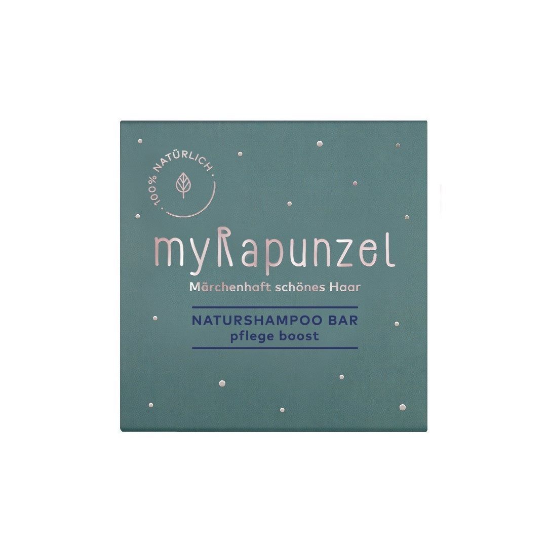 Quadratische Verpackung. Aufschrift: myRapunzel, Naturshampoo Bar, Pflege Boost. Grün mit weißen Punkten und Logo.