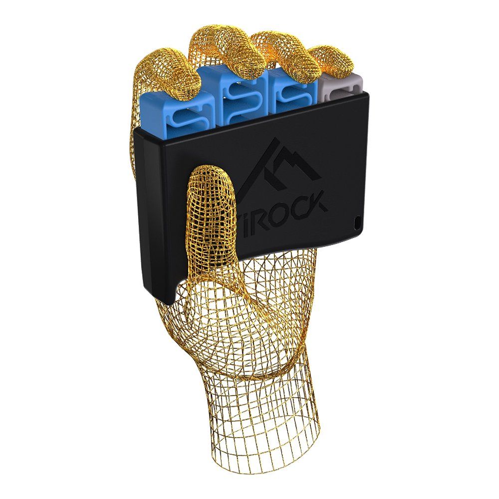 Schwarzes Gerät mit blau und grau gewellten Elementen, gehalten von goldener Draht-Hand. Logo: TiRock.