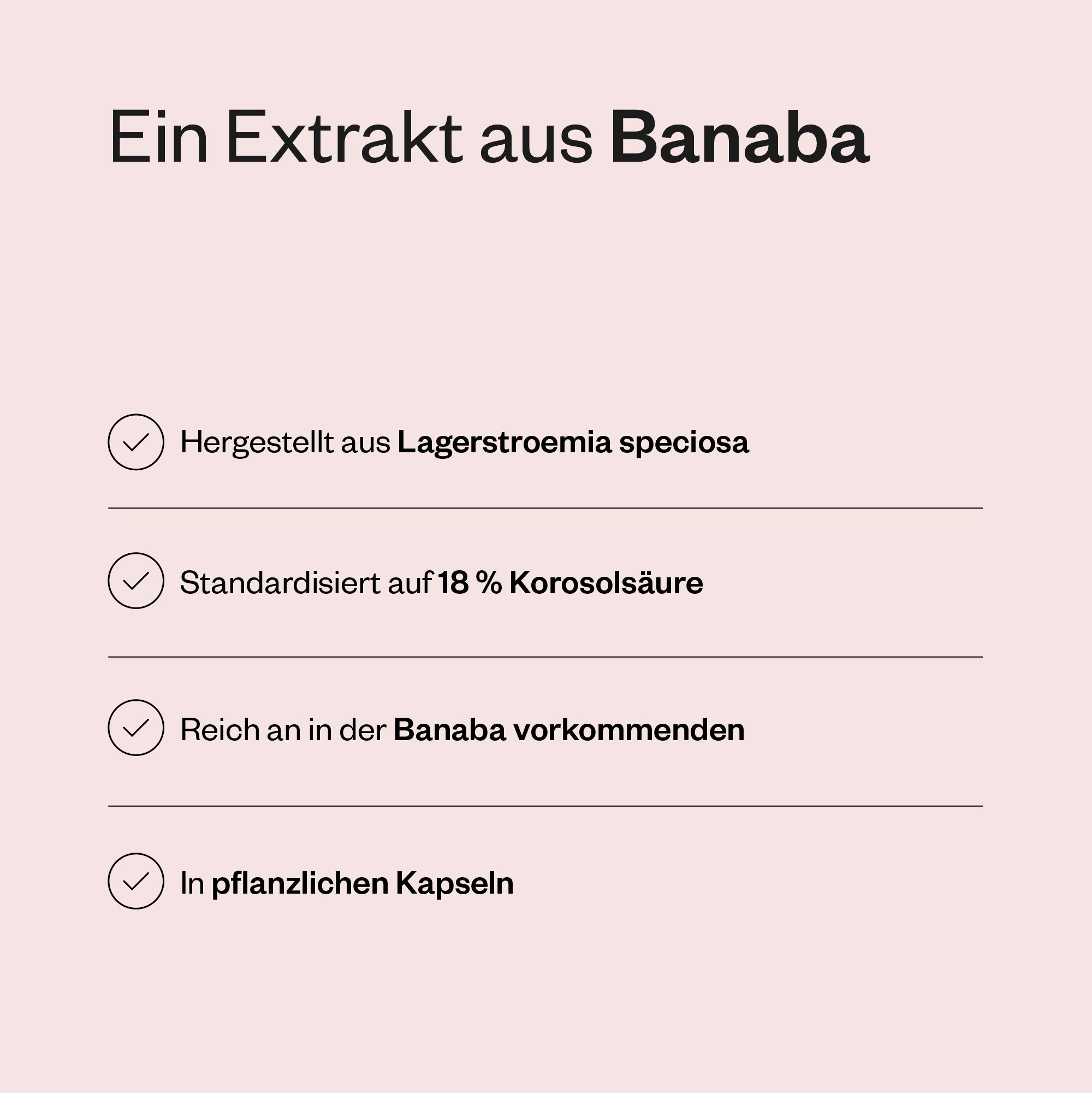 Text auf rosa Hintergrund mit vier Check-Symbolen. Beschreibt Eigenschaften von Banaba-Extrakt in pflanzlichen Kapseln.