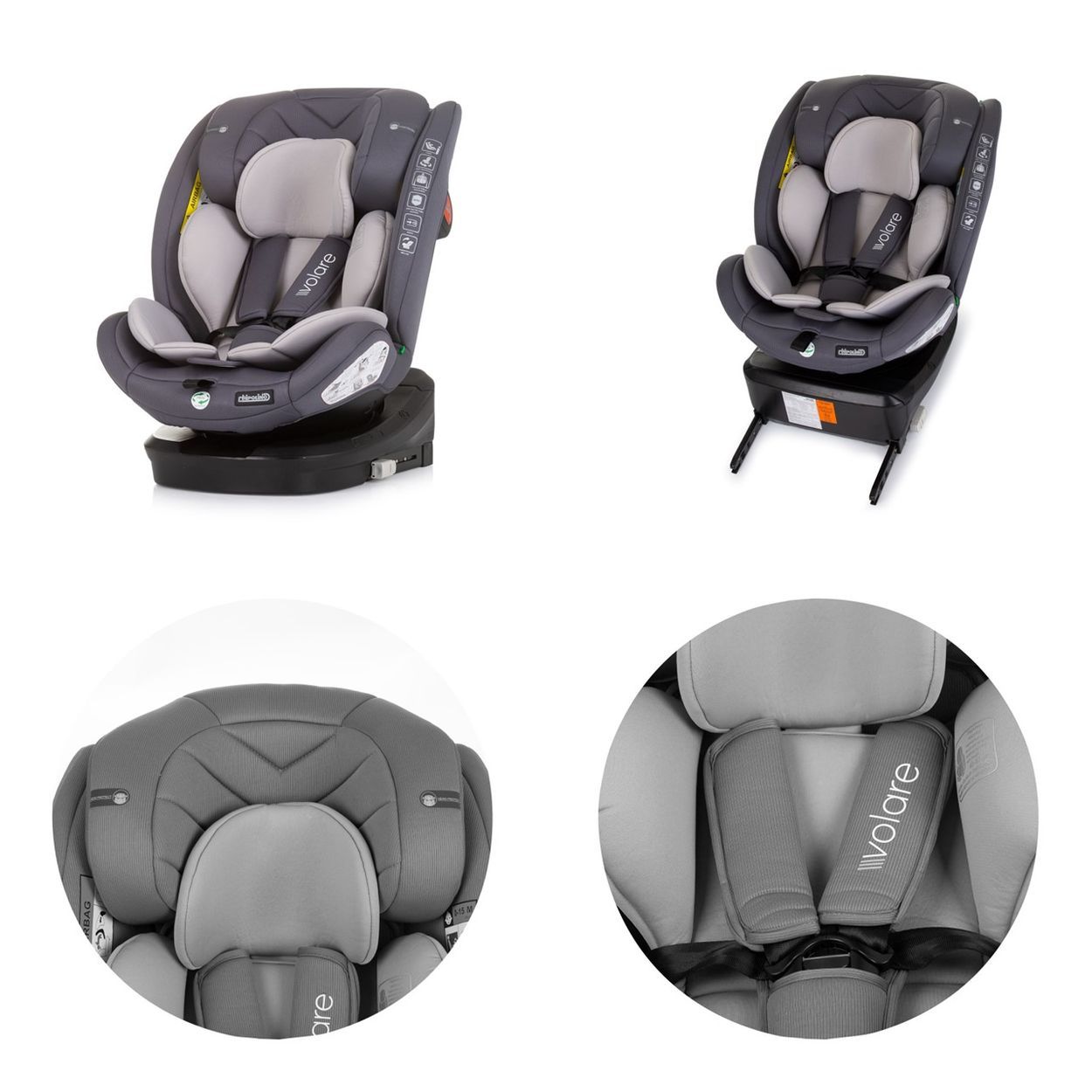 Grauer Kindersitz mit verstellbarer Kopfstütze und 5-Punkt-Gurt.