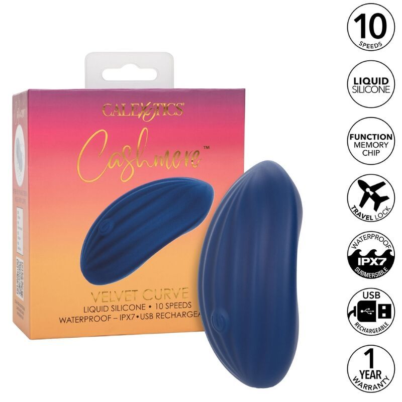 Verpackung mit blauem Wellness-Produkt. Aufschrift: Cashmere Velvet Curve, Liquid Silicone, 10 Speeds.