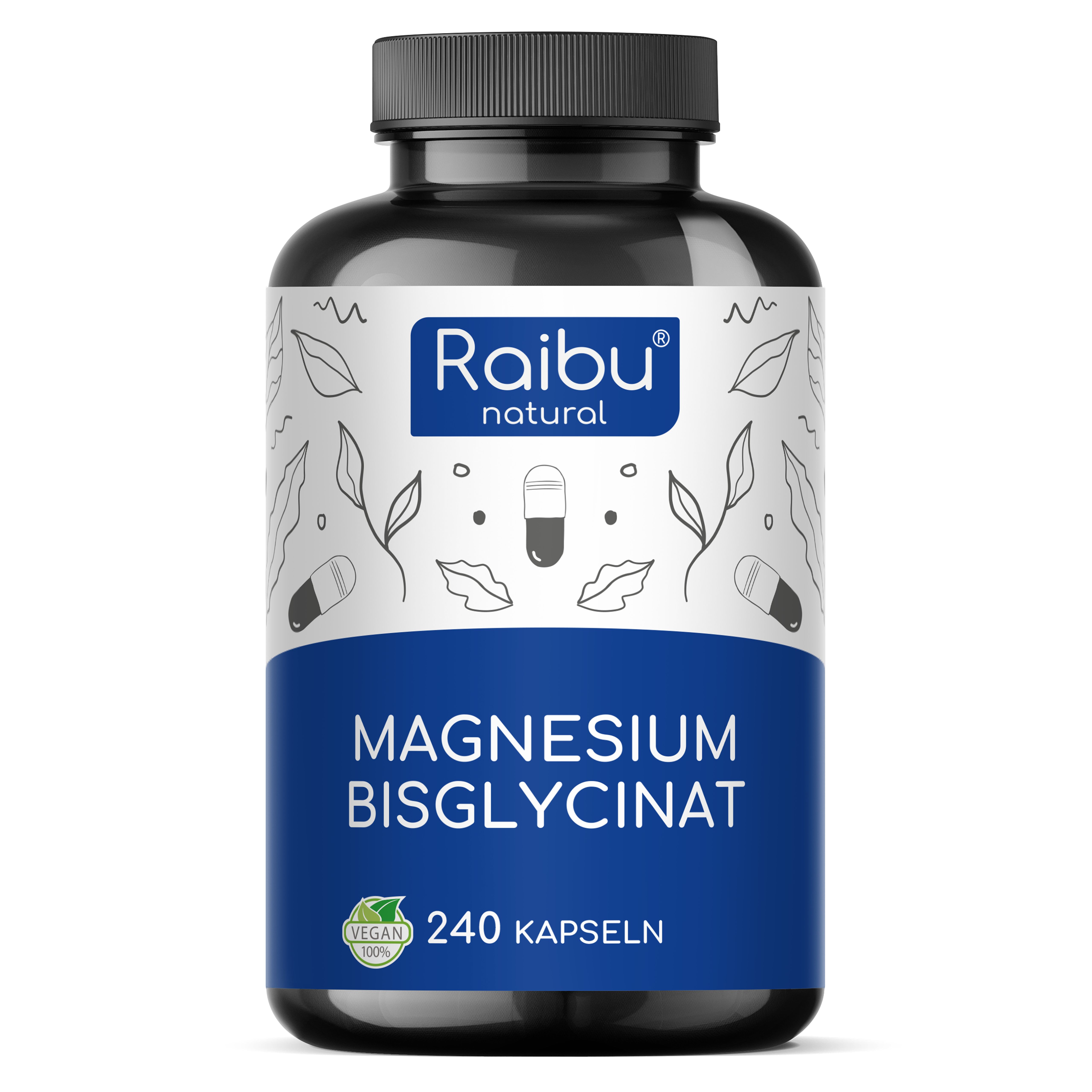 Magnesium Bisglycinat (Magnesium Glycinat) 450 mg pro Tag – hoch bioverfügbar & chelatiert Raibu 240 St Kapseln