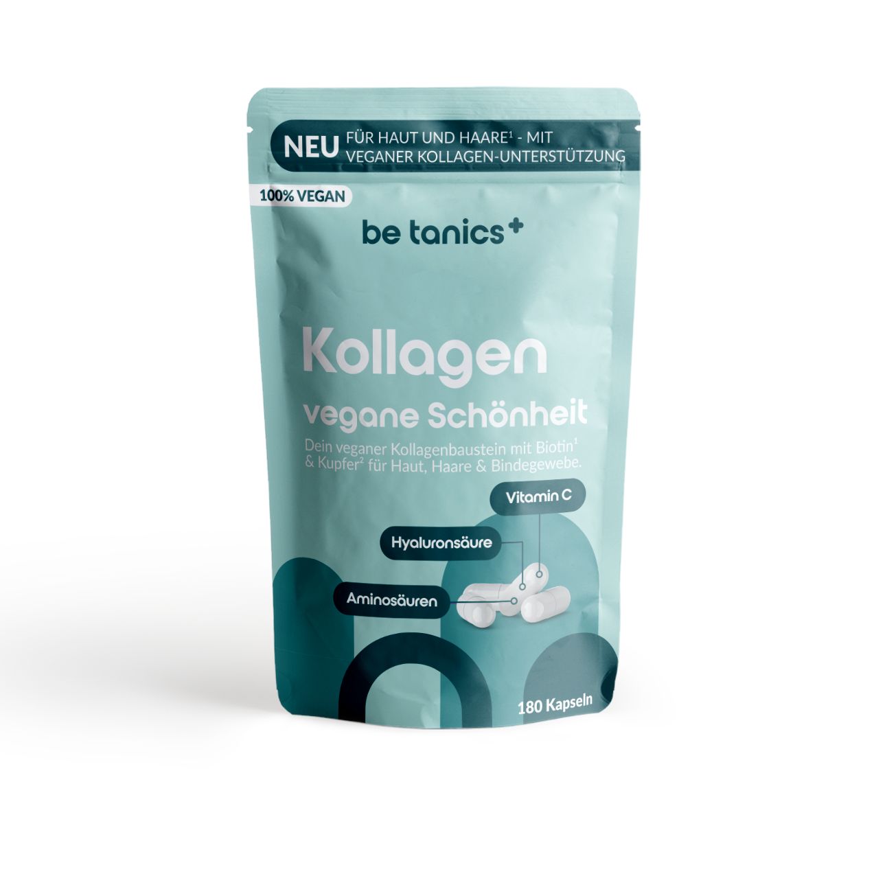 Beutel mit "Kollagen Vegane Schönheit" von be tanics+. Enthält 180 Kapseln. Aufschrift: "100% Vegan".